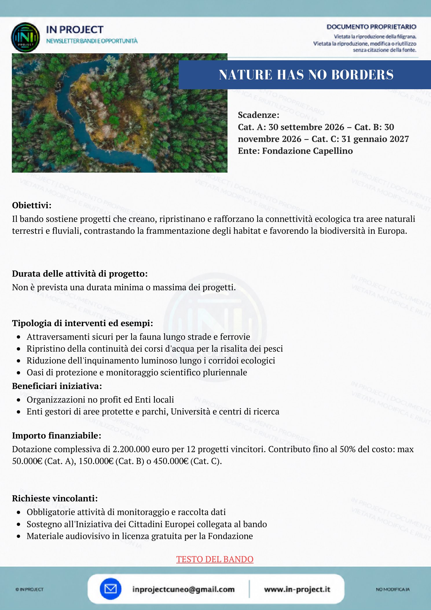 Fondazione Capellino — Nature has no borders (seconda scadenza bando 30 novembre 2026)