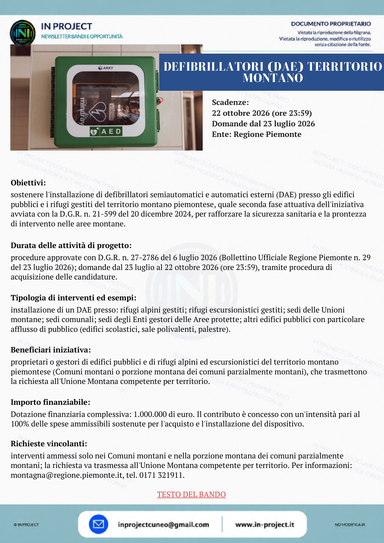 Regione Piemonte — Defibrillatori DAE territorio montano (scadenza bando 22 ottobre 2026)
