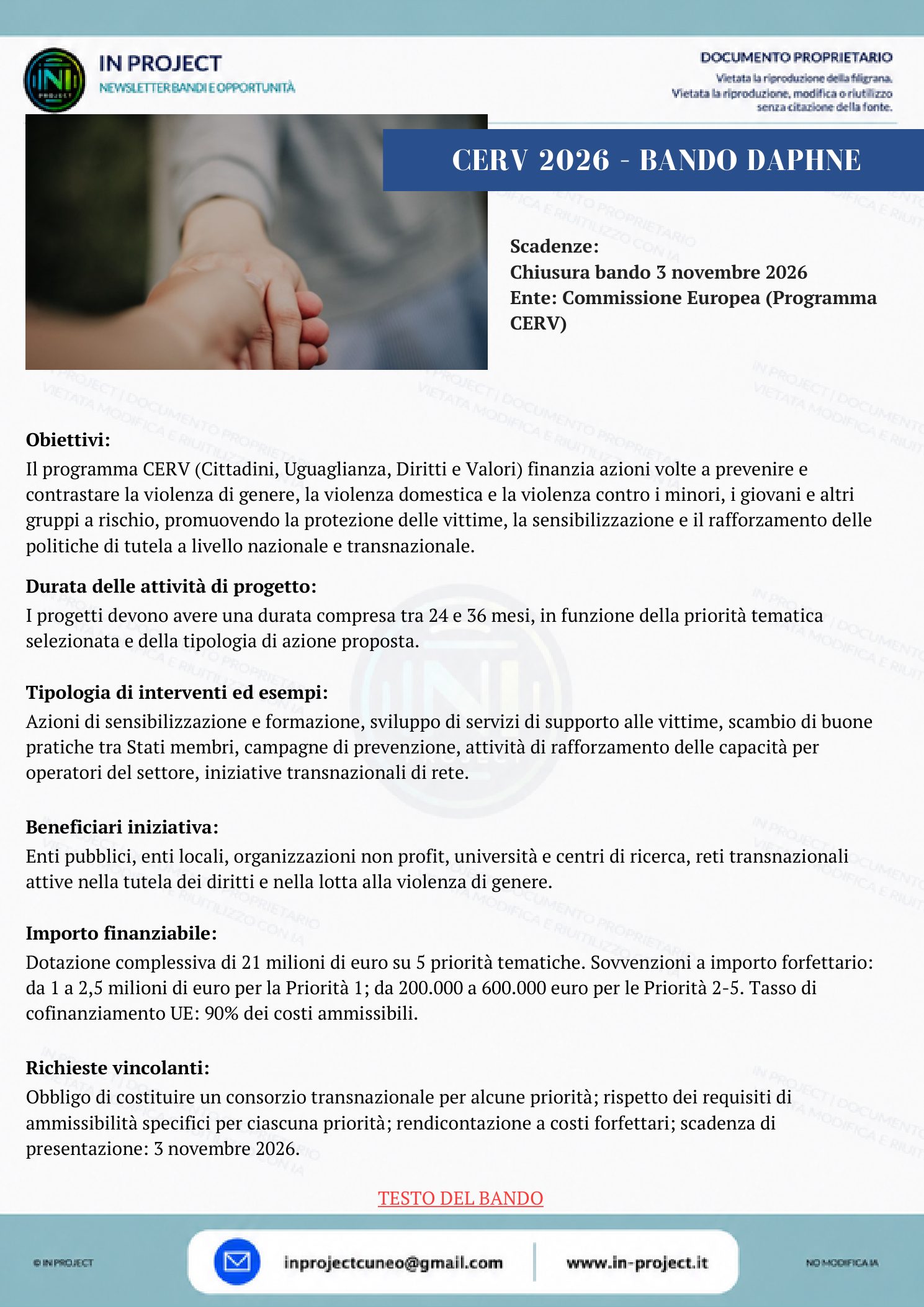 Commissione Europea — CERV 2026 Bando Daphne (scadenza bando 3 novembre 2026)