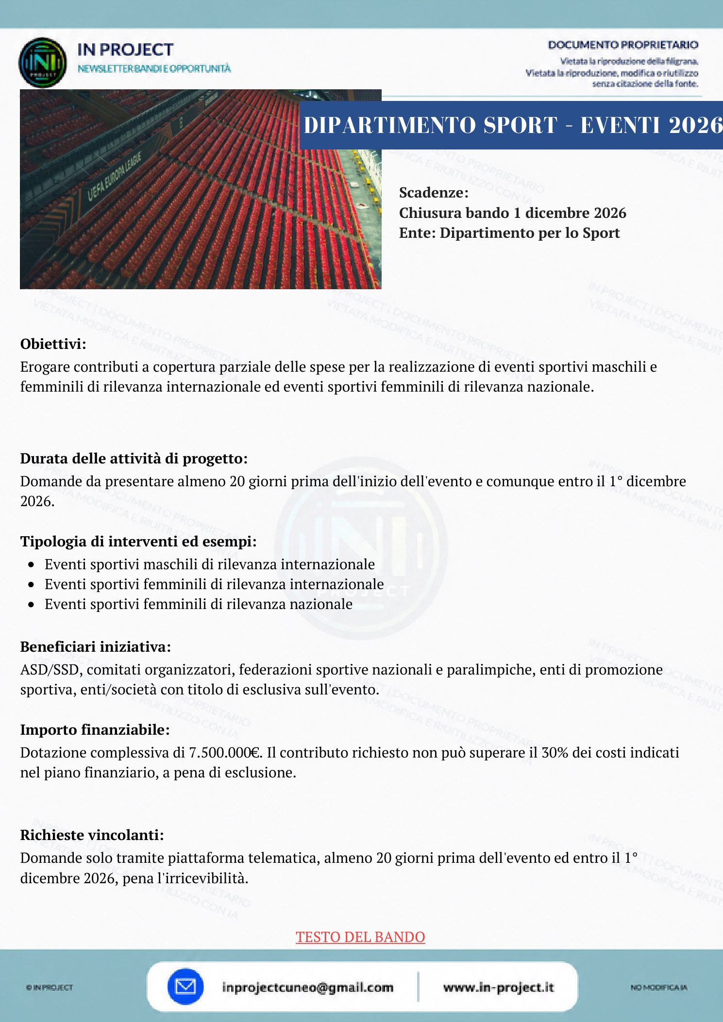 Dipartimento per lo Sport — Eventi sportivi di rilevanza nazionale e internazionale 2026 (scadenza bando 1 dicembre 2026)