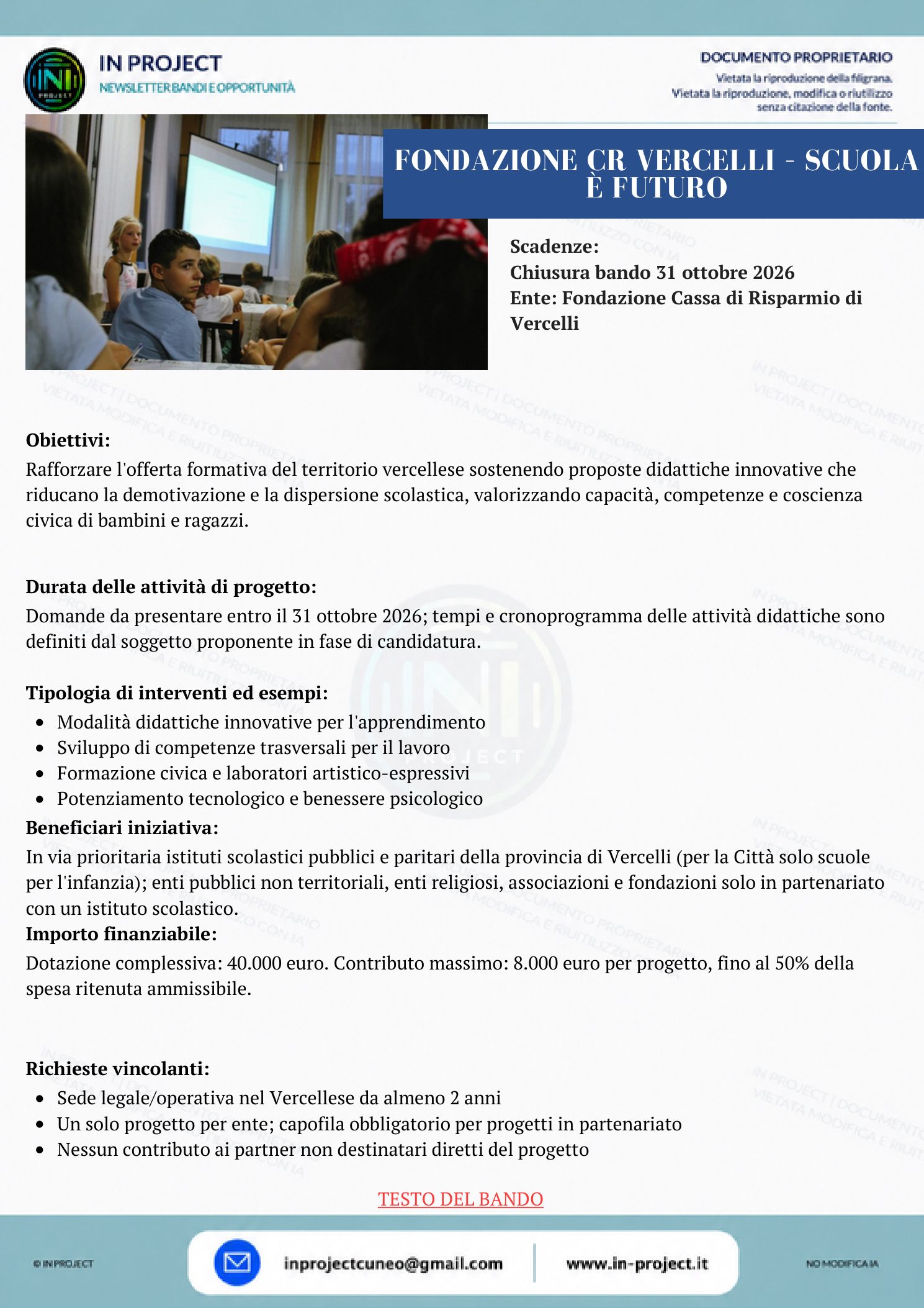Fondazione CR Vercelli — Scuola è Futuro 2026 (scadenza bando 31 ottobre 2026)