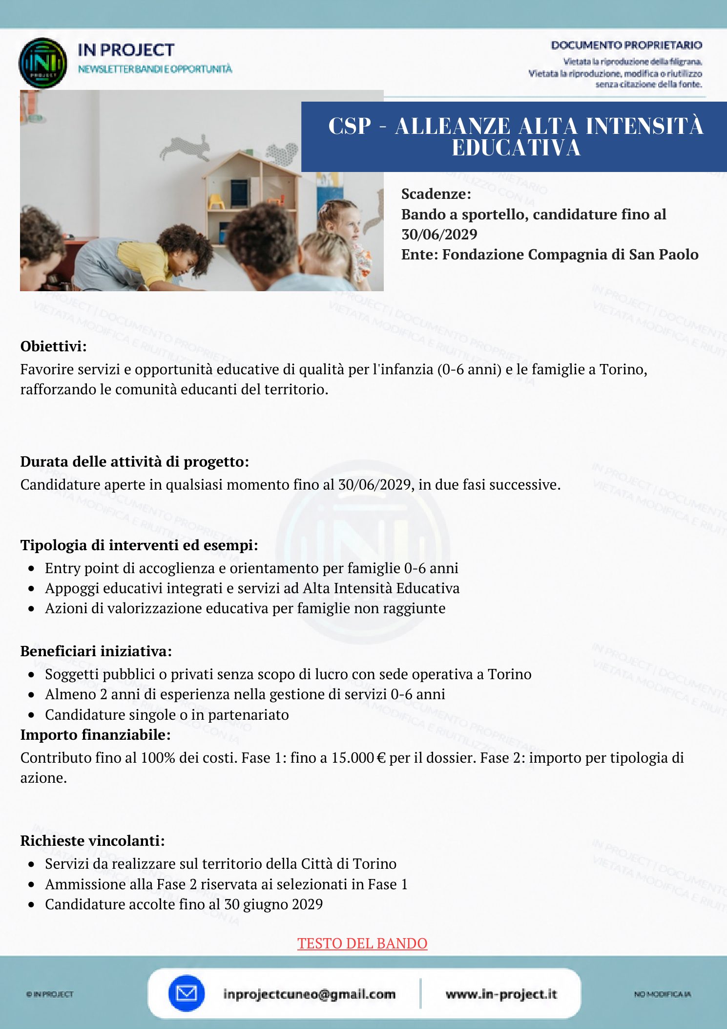 Compagnia di San Paolo — Alleanze ad Alta Intensità Educativa, infanzia 0-6 a Torino (sportello fino al 30 giugno 2029)