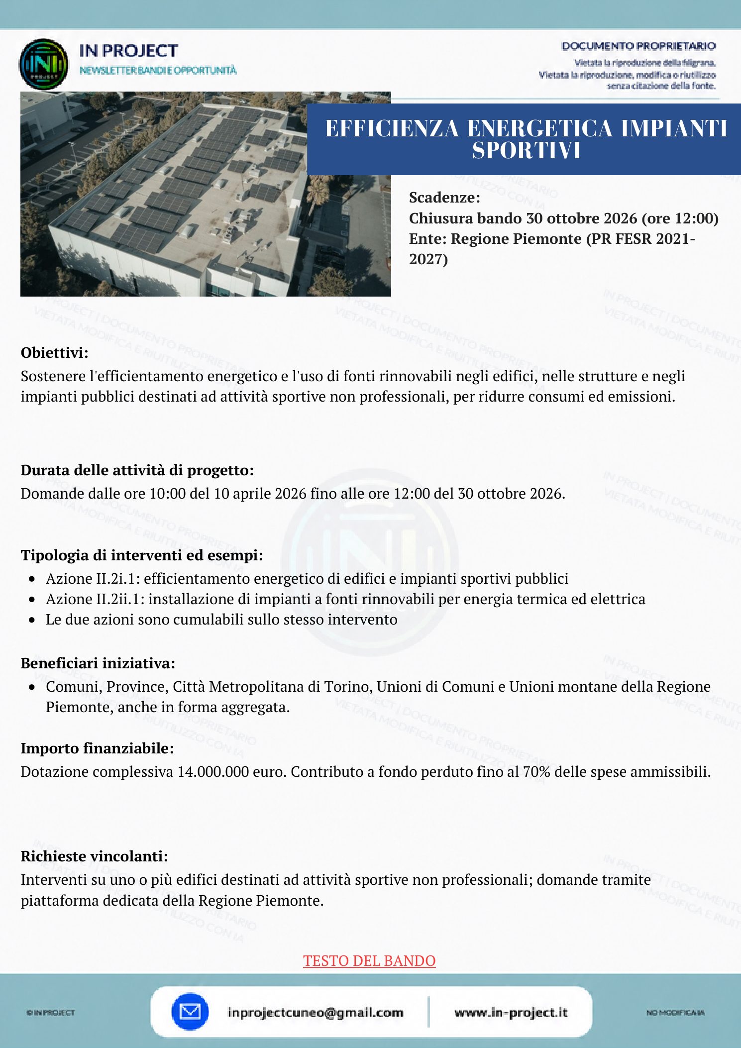 Regione Piemonte — Efficienza energetica degli impianti sportivi pubblici (scadenza bando 30 ottobre 2026)