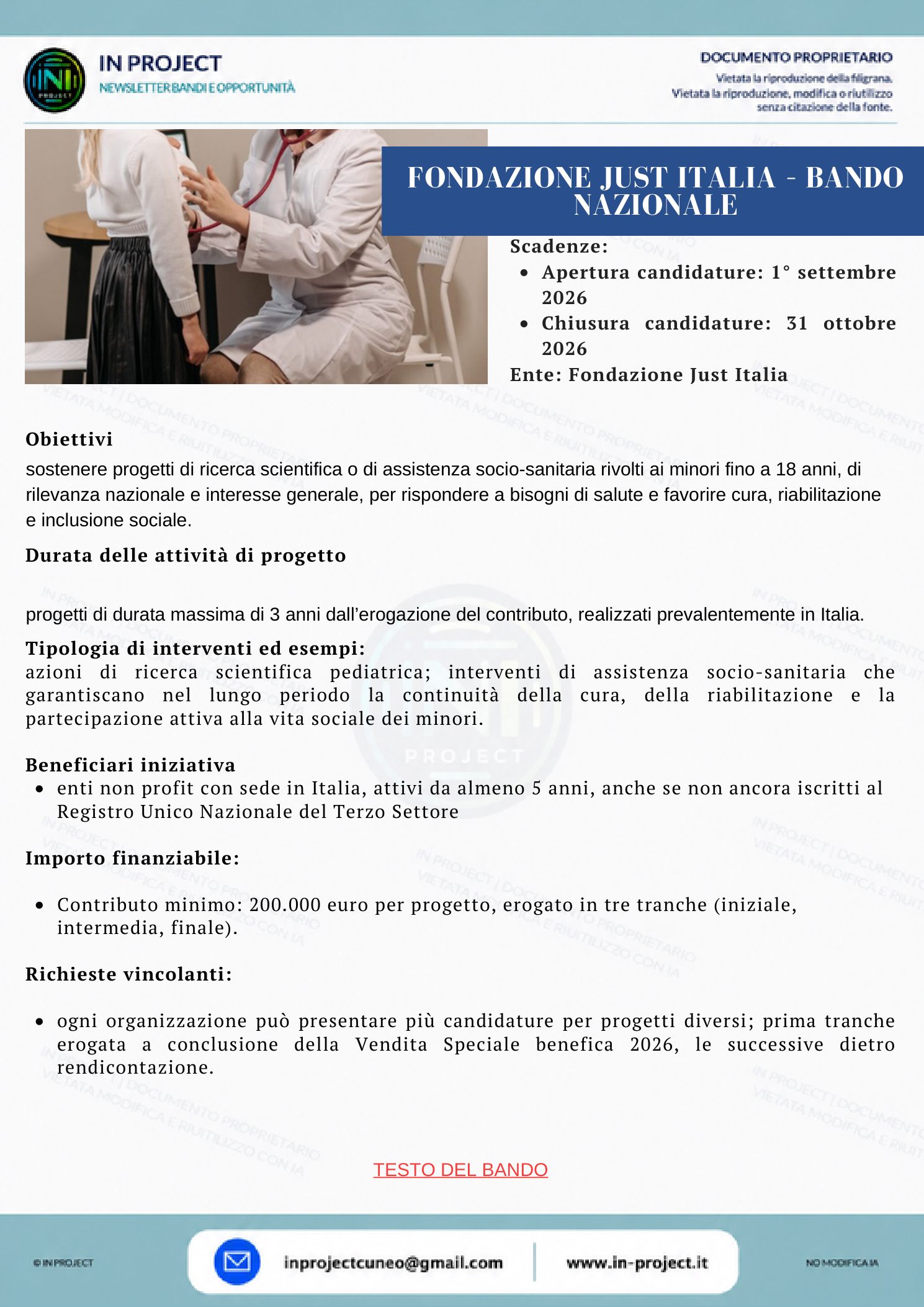 Fondazione Just Italia — Bando nazionale 2026 (scadenza bando 31 ottobre 2026)