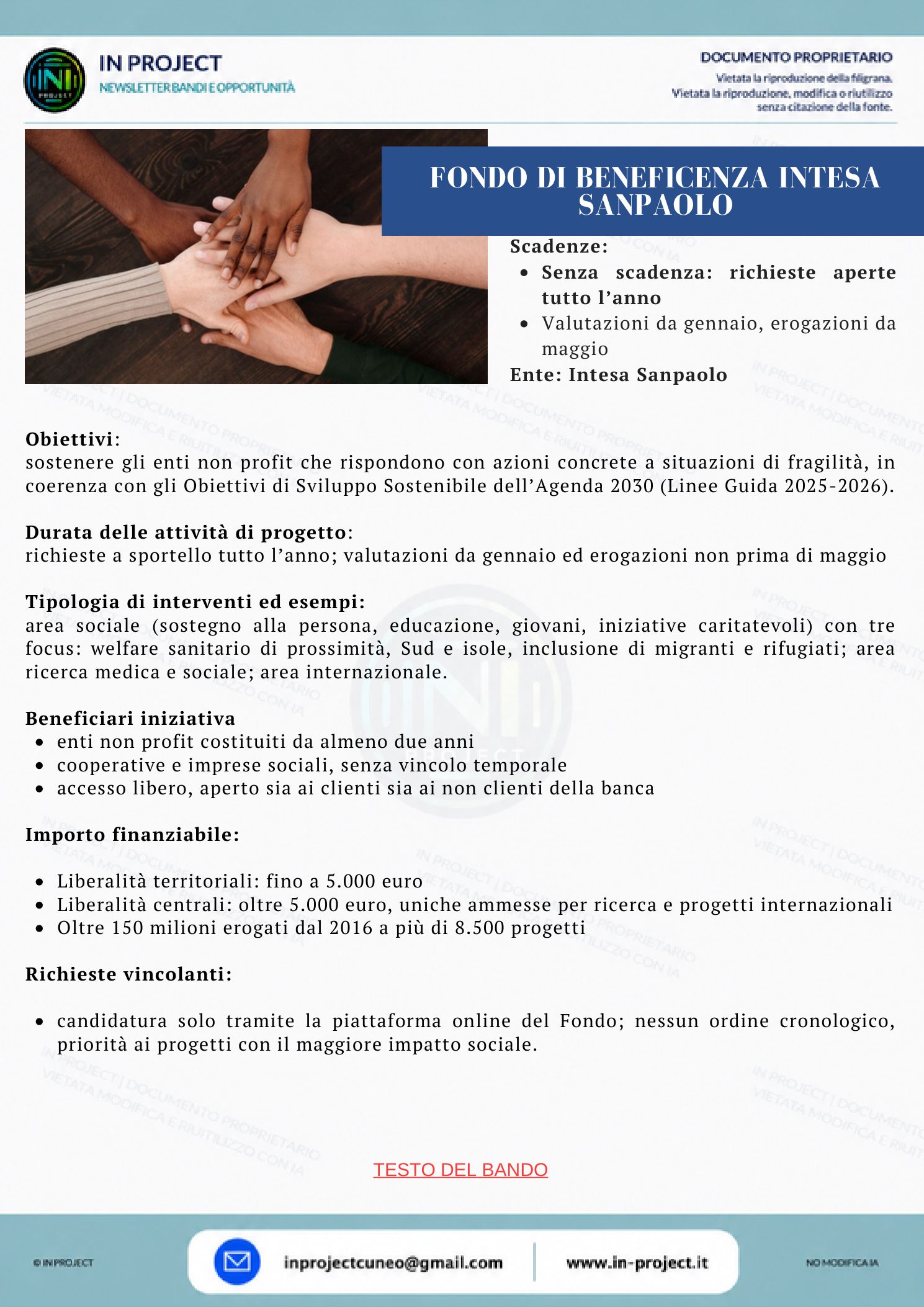Intesa Sanpaolo — Fondo di beneficenza (richieste aperte tutto l'anno)