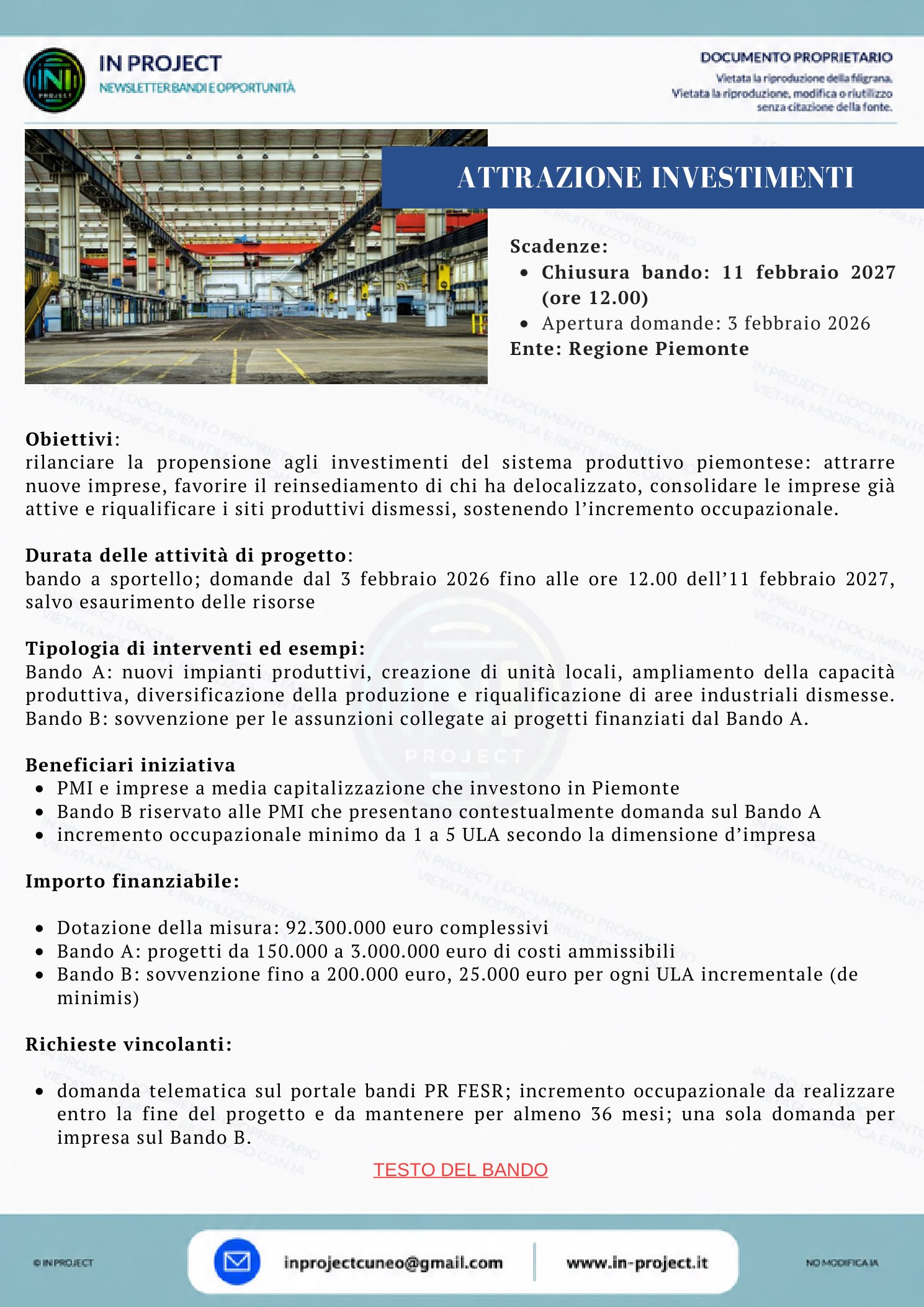 Regione Piemonte — Attrazione investimenti (scadenza bando 11 febbraio 2027)