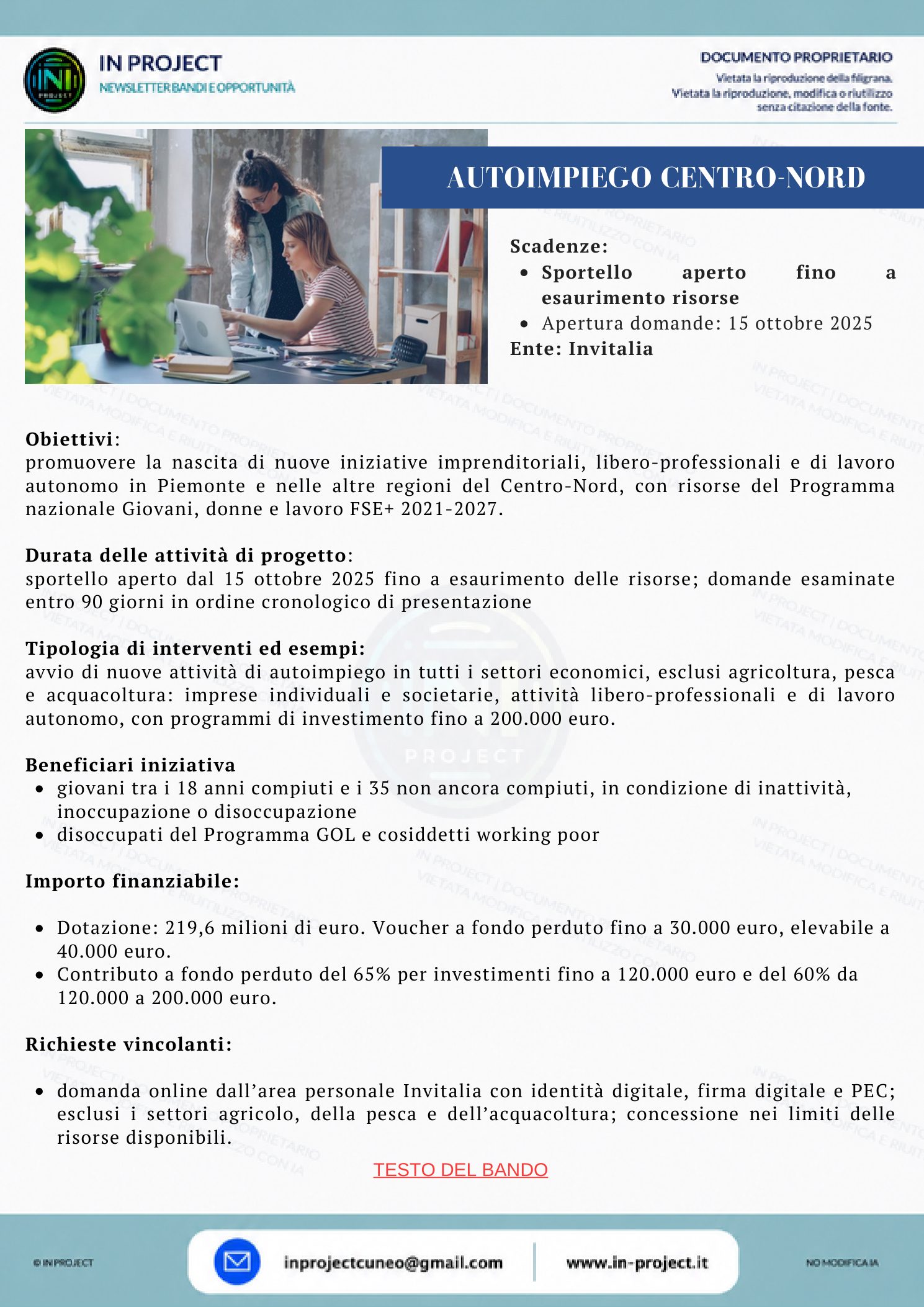 Invitalia — Autoimpiego Centro-Nord (sportello fino a esaurimento risorse)