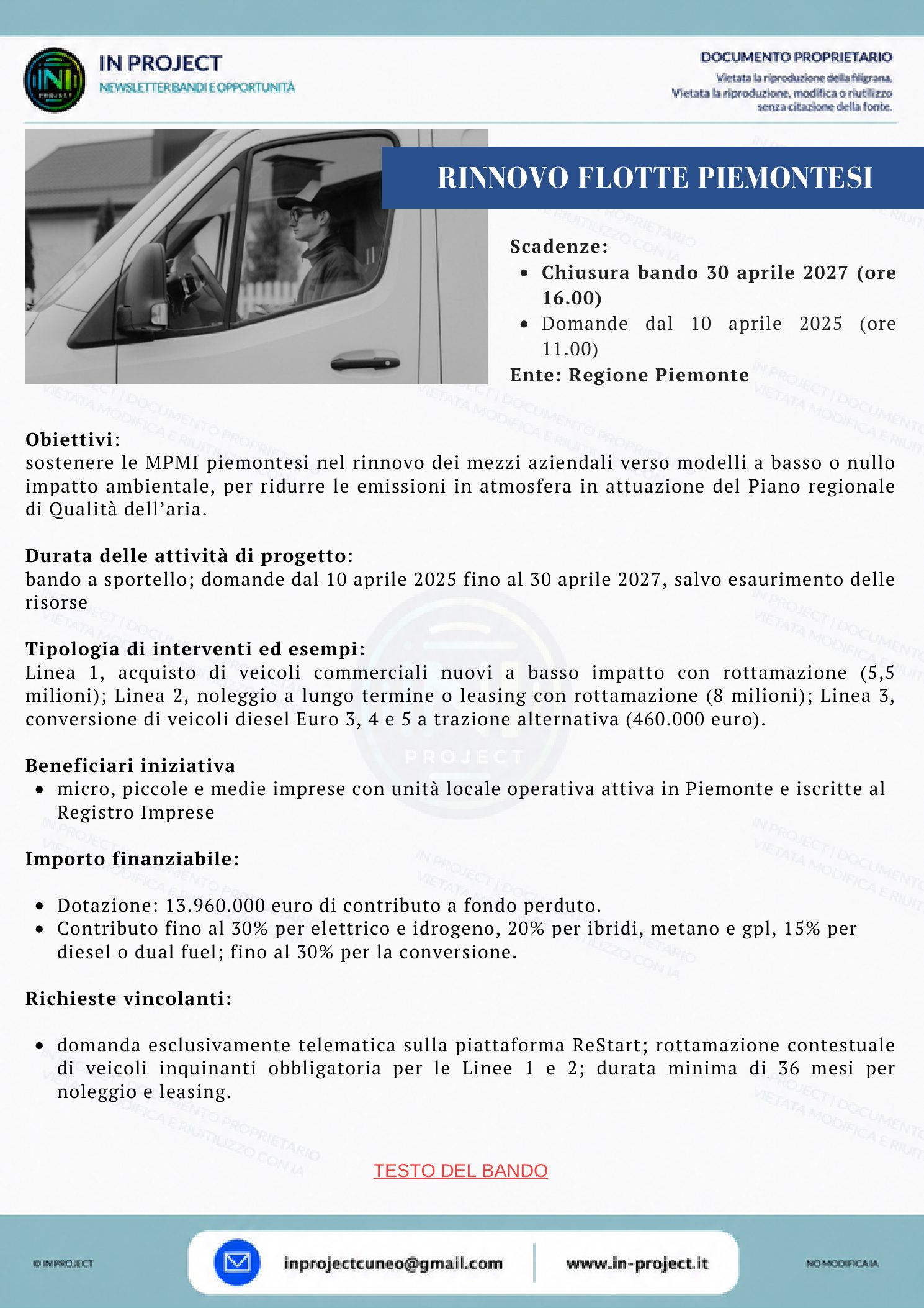 Regione Piemonte — Rinnovo flotte piemontesi (scadenza bando 30 aprile 2027)