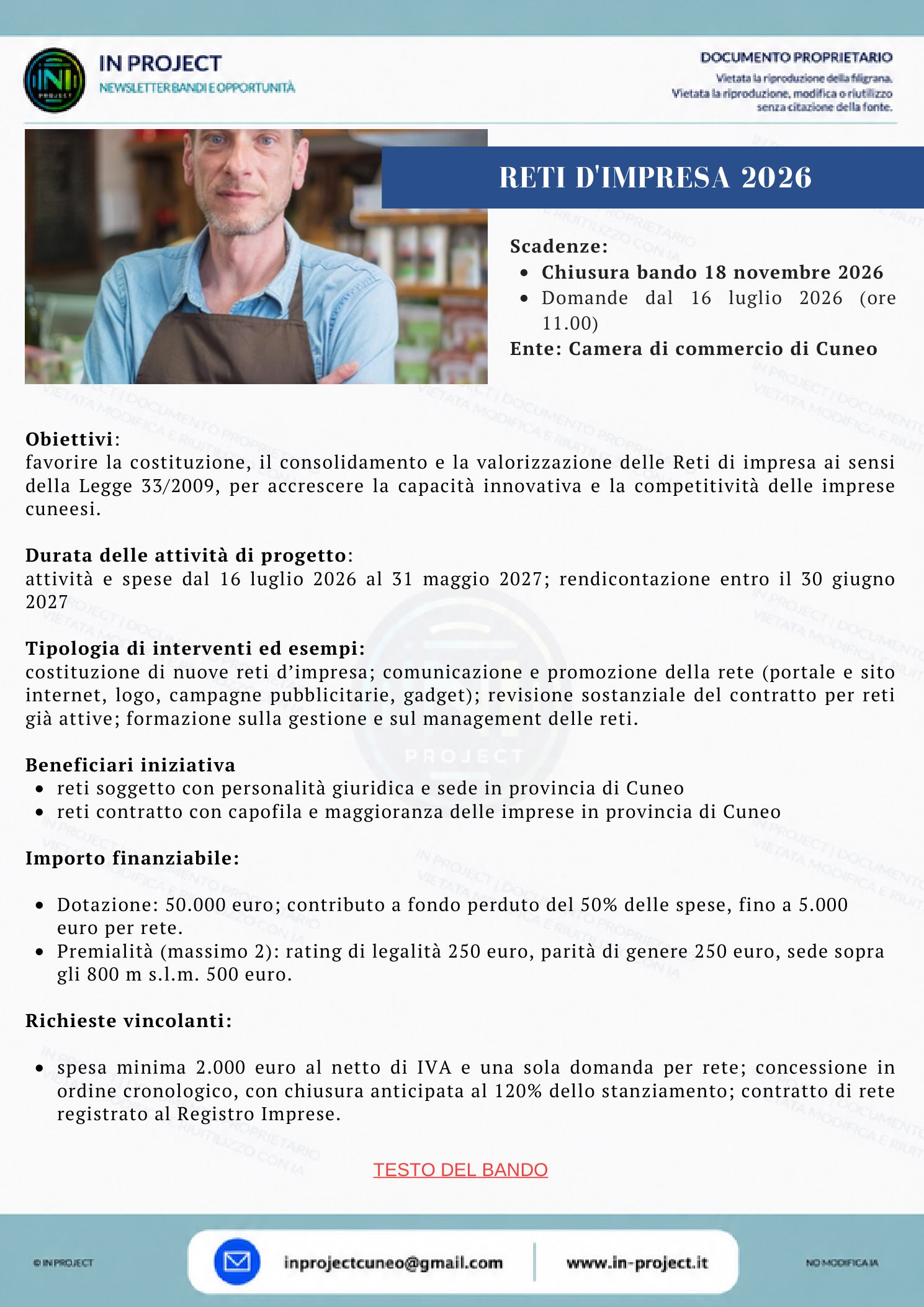 Camera di commercio di Cuneo — Reti d'impresa 2026 (scadenza bando 18 novembre 2026)