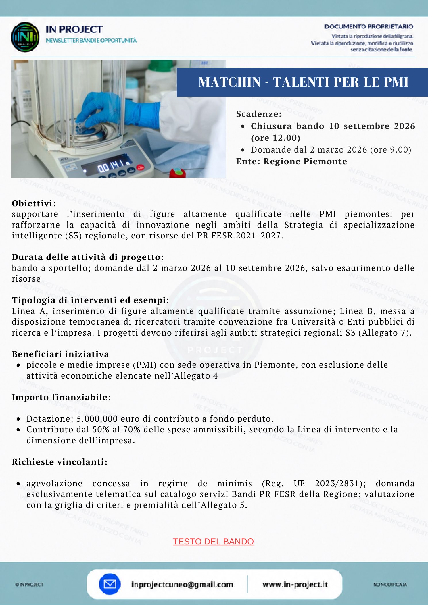 Regione Piemonte — MATCHIN, talenti altamente qualificati per le PMI (scadenza bando 30 settembre 2027)