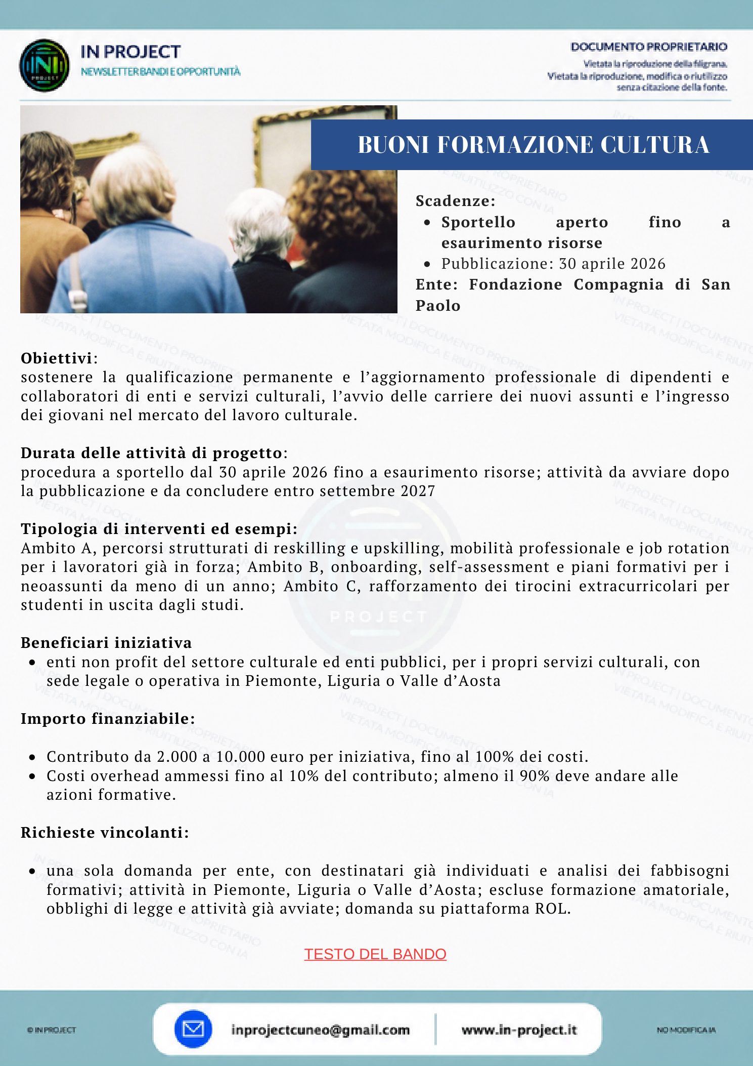 Compagnia di San Paolo — Buoni formazione per la cultura (sportello fino a esaurimento risorse)
