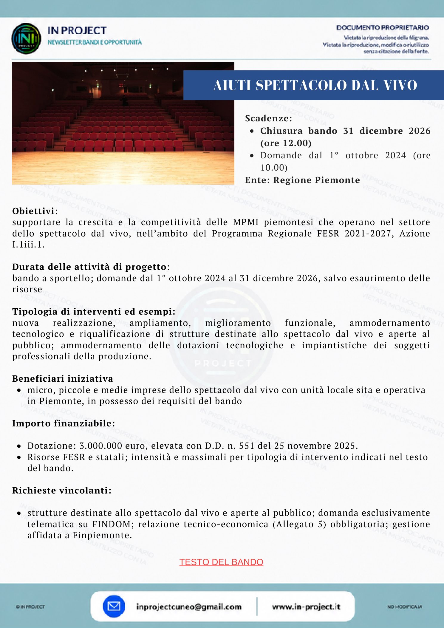 Regione Piemonte — Aiuti allo spettacolo dal vivo (scadenza bando 31 dicembre 2026)