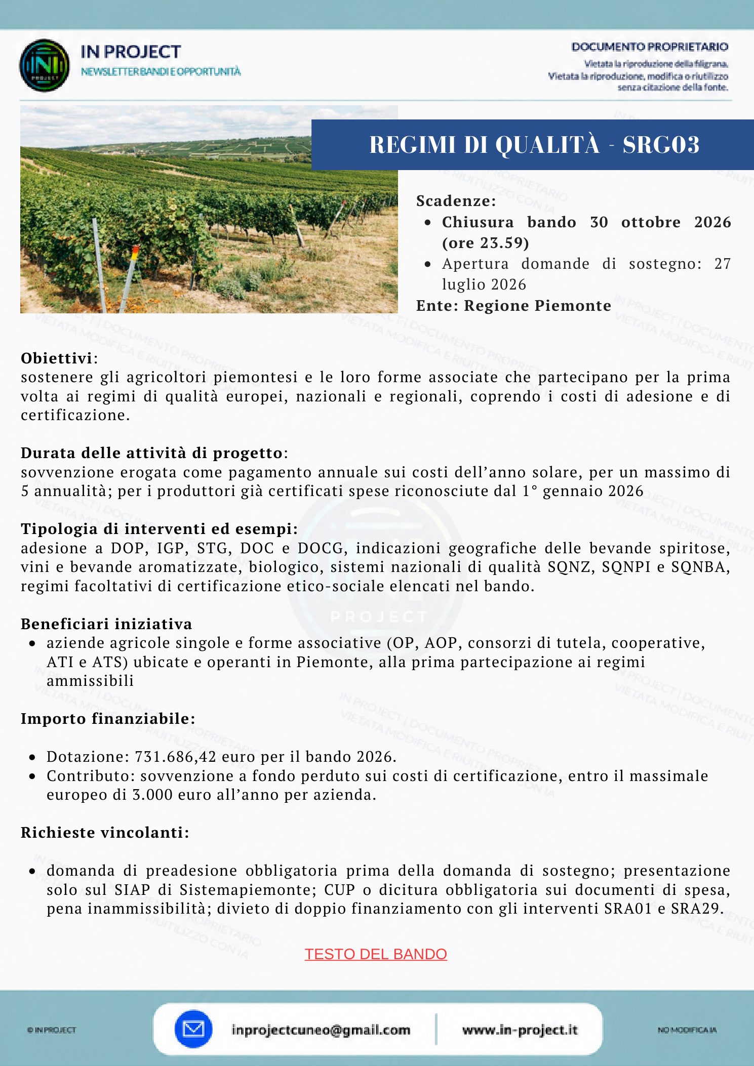 Regione Piemonte — CSR 2023-2027 regimi di qualità SRG03 (scadenza bando 30 ottobre 2026)
