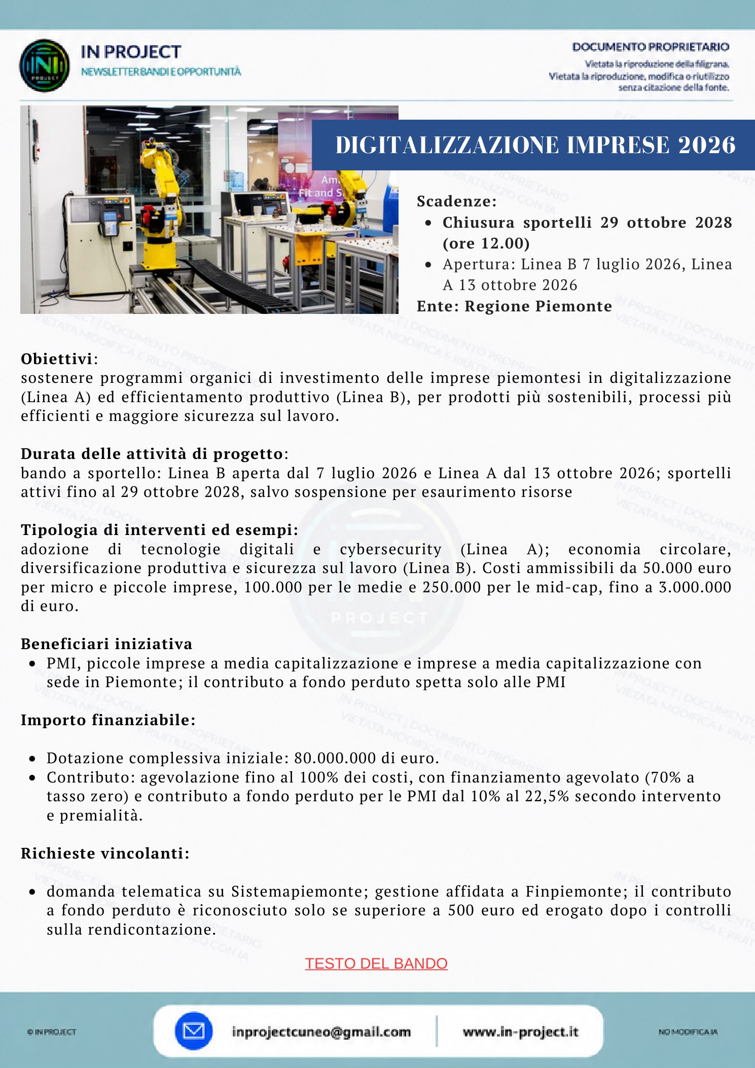 Regione Piemonte — Digitalizzazione ed efficientamento produttivo delle imprese 2026 (scadenza bando 29 ottobre 2028)
