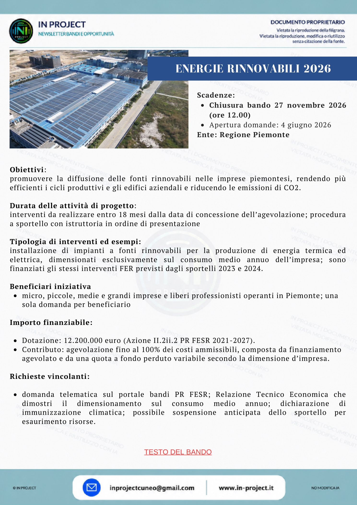 Regione Piemonte — Energie rinnovabili nelle imprese 2026 (scadenza bando 27 novembre 2026)