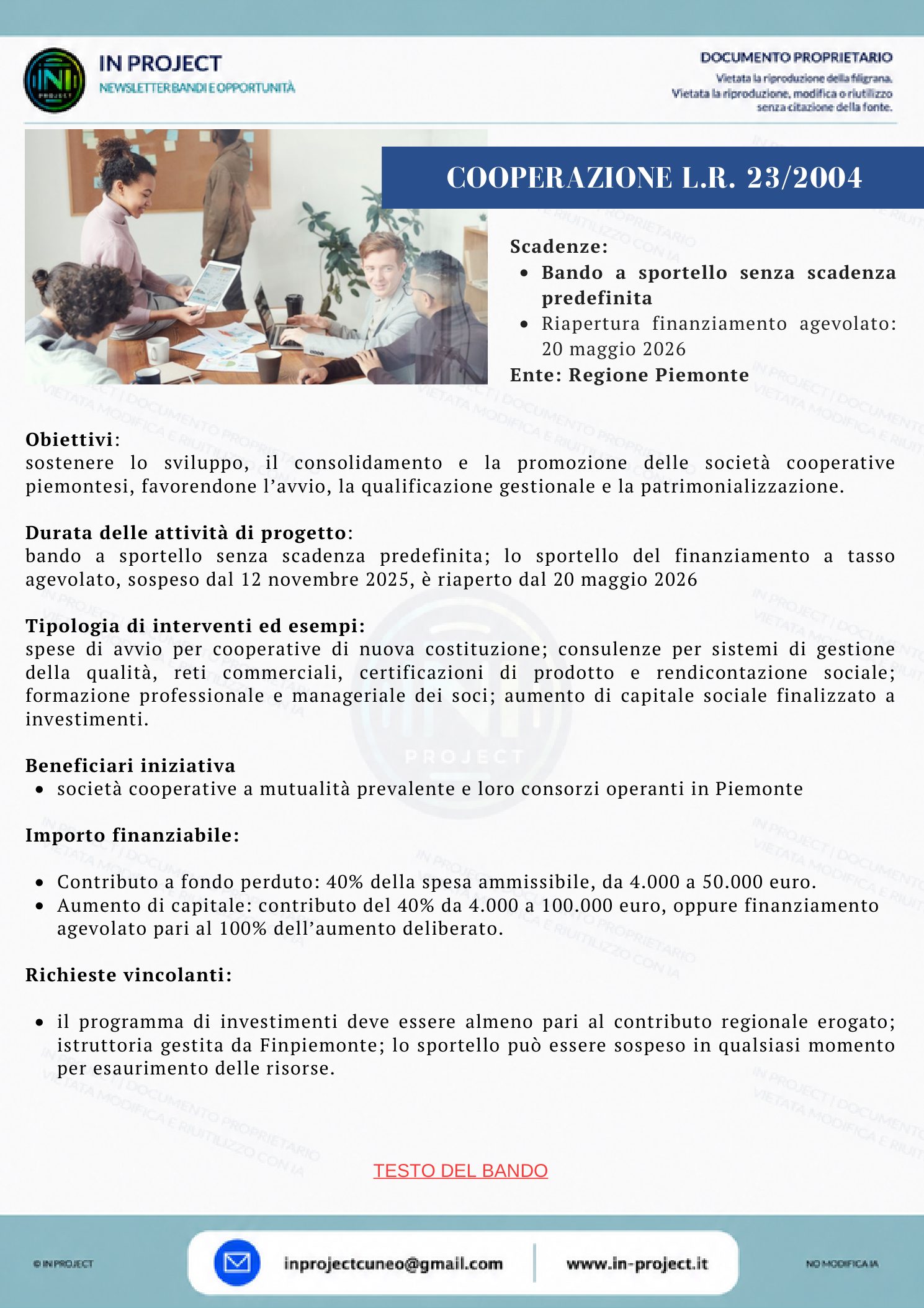 Regione Piemonte — Cooperazione L.R. 23/2004 (bando a sportello senza scadenza)