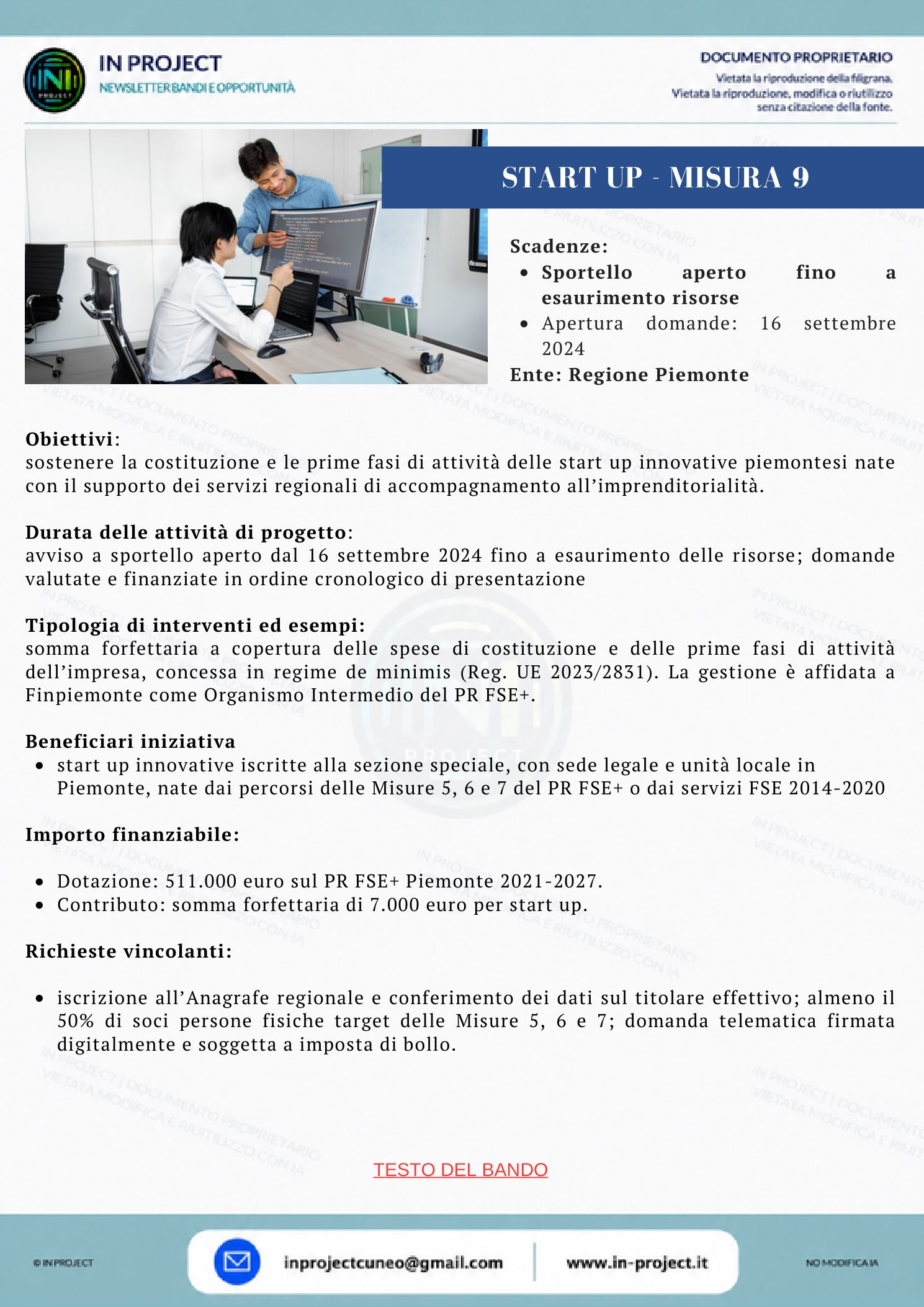 Regione Piemonte — Sostegno finanziario start up, Misura 9 (sportello fino a esaurimento risorse)
