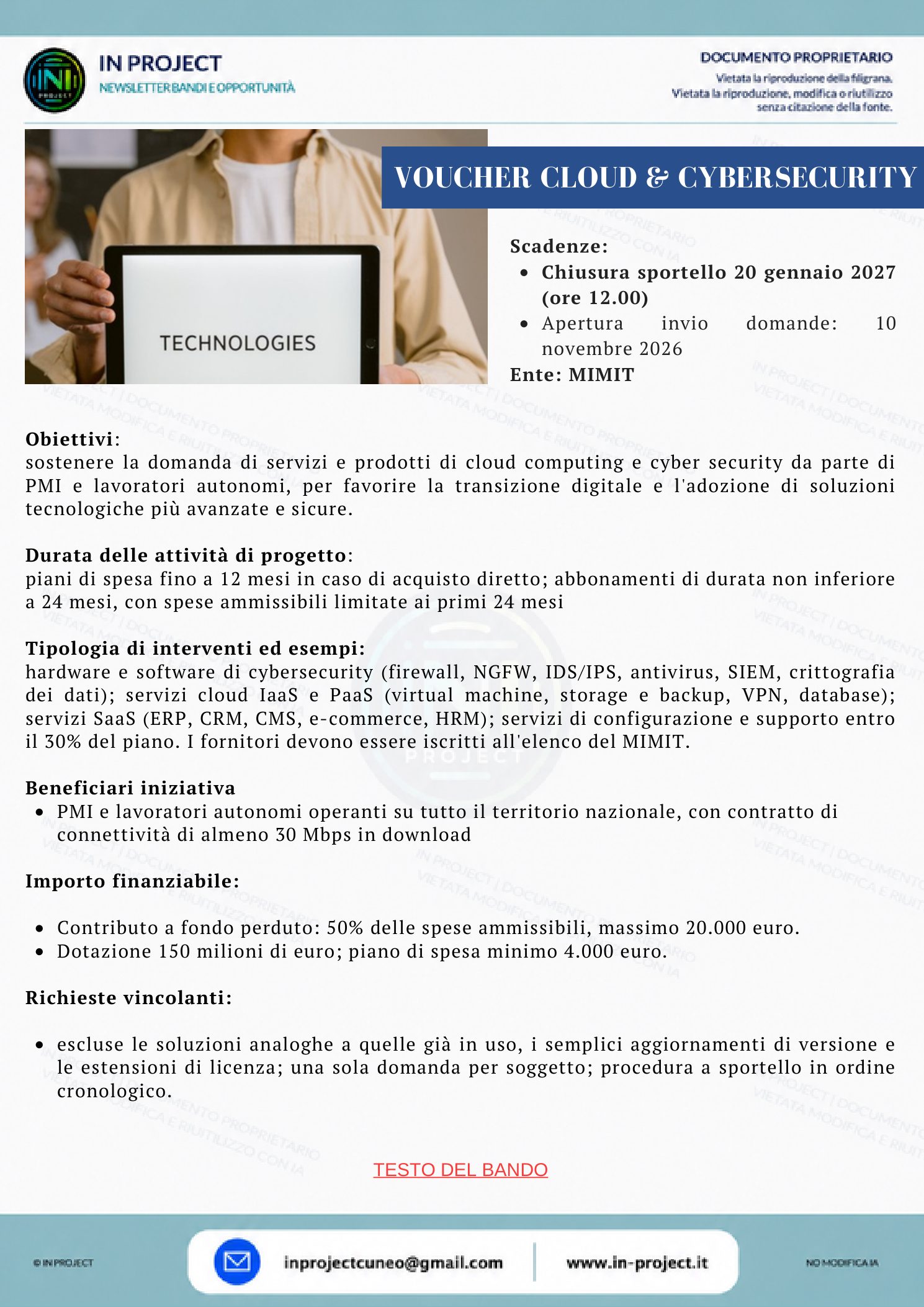 MIMIT — Voucher cloud computing e cybersecurity (scadenza bando 20 gennaio 2027)