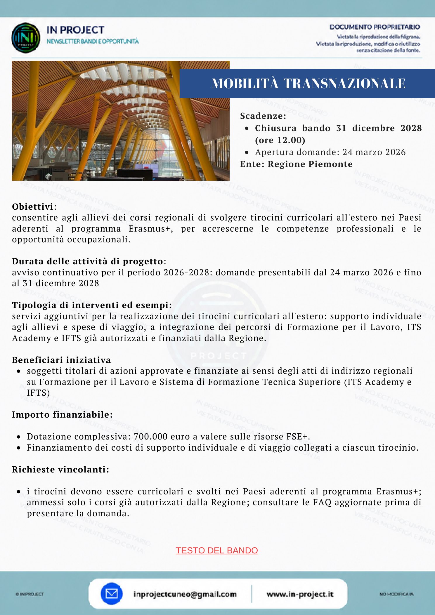 Regione Piemonte — Attività integrative di mobilità transnazionale (scadenza bando 31 dicembre 2028)