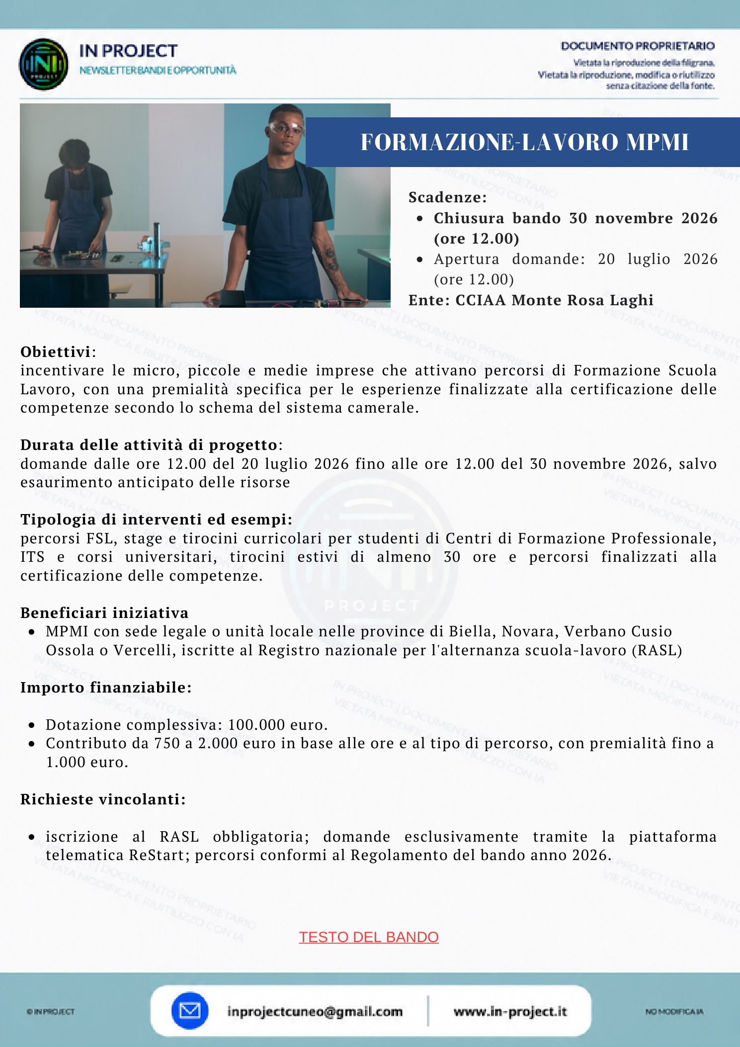 CCIAA Monte Rosa Laghi — Formazione, lavoro e certificazione competenze 2026 (scadenza bando 30 novembre 2026)
