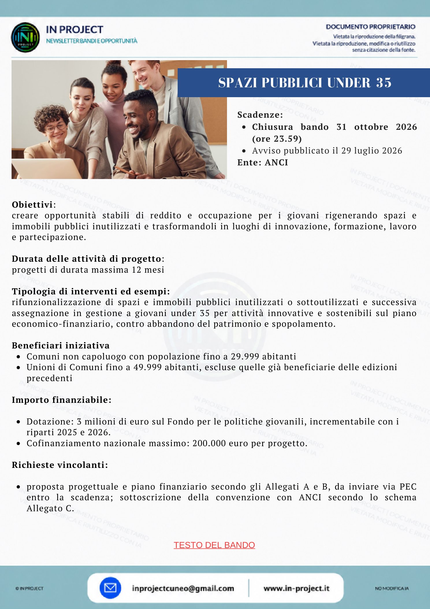 ANCI — Spazi pubblici under 35, III edizione (scadenza bando 31 ottobre 2026)