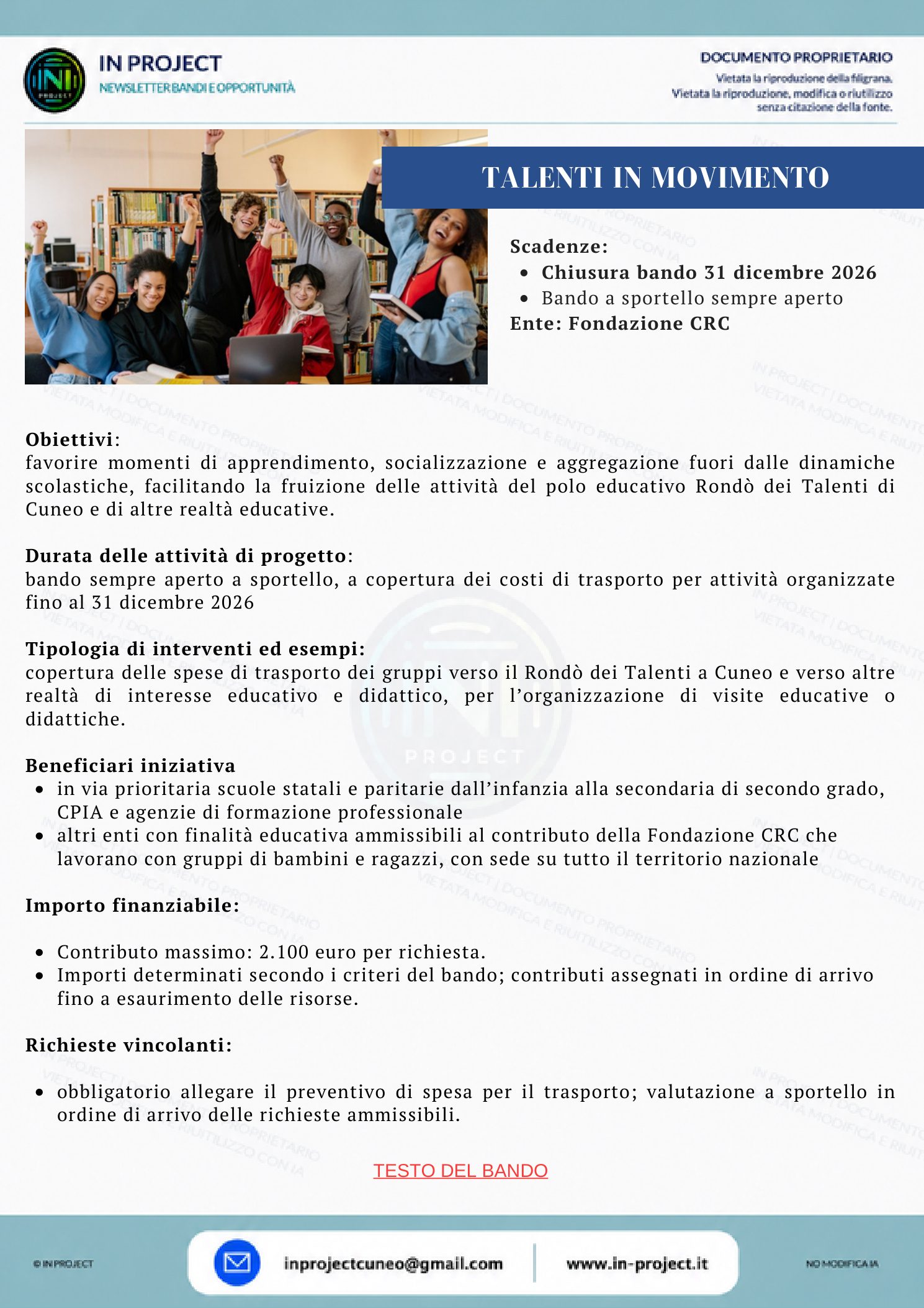 Fondazione CRC — Talenti in movimento 3 (sportello fino al 31 dicembre 2026)