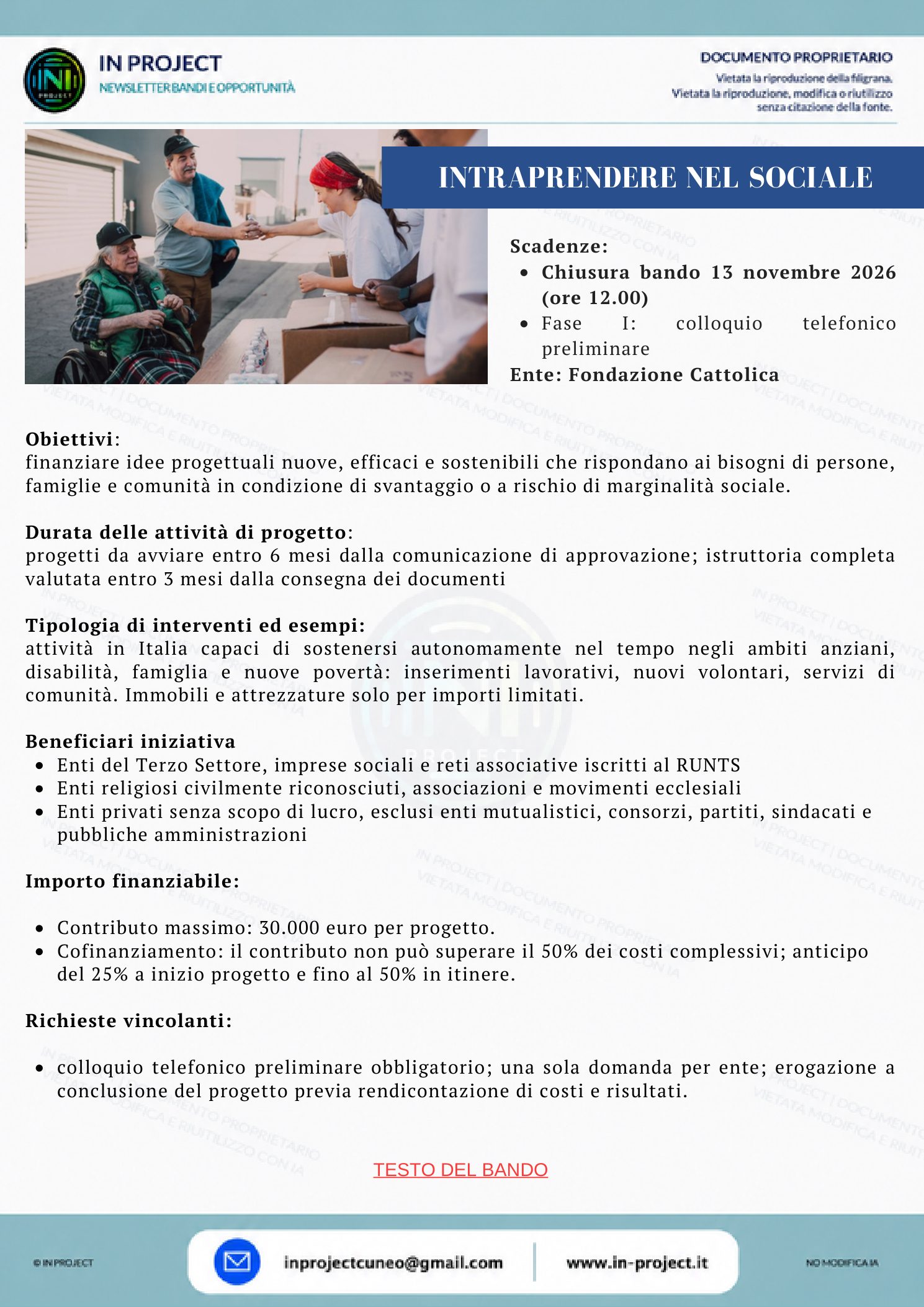 Fondazione Cattolica — Intraprendere nel sociale (scadenza bando 13 novembre 2026)