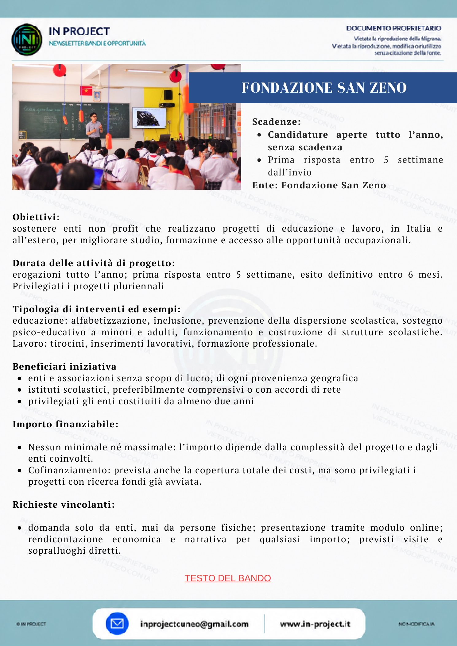 Fondazione San Zeno — Progetti di educazione e lavoro (candidature aperte tutto l'anno)