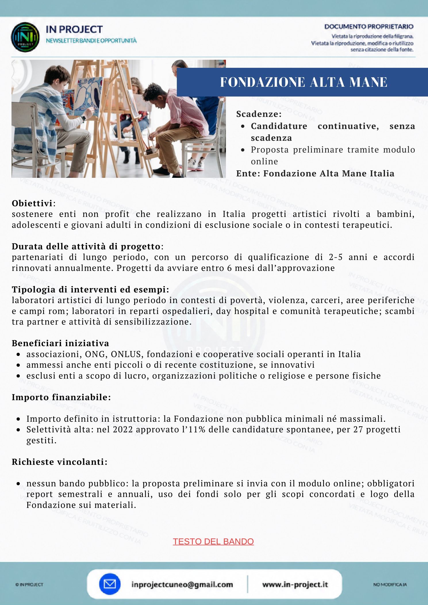 Fondazione Alta Mane Italia — Progetti artistici per giovani in situazione di esclusione (candidature continuative)