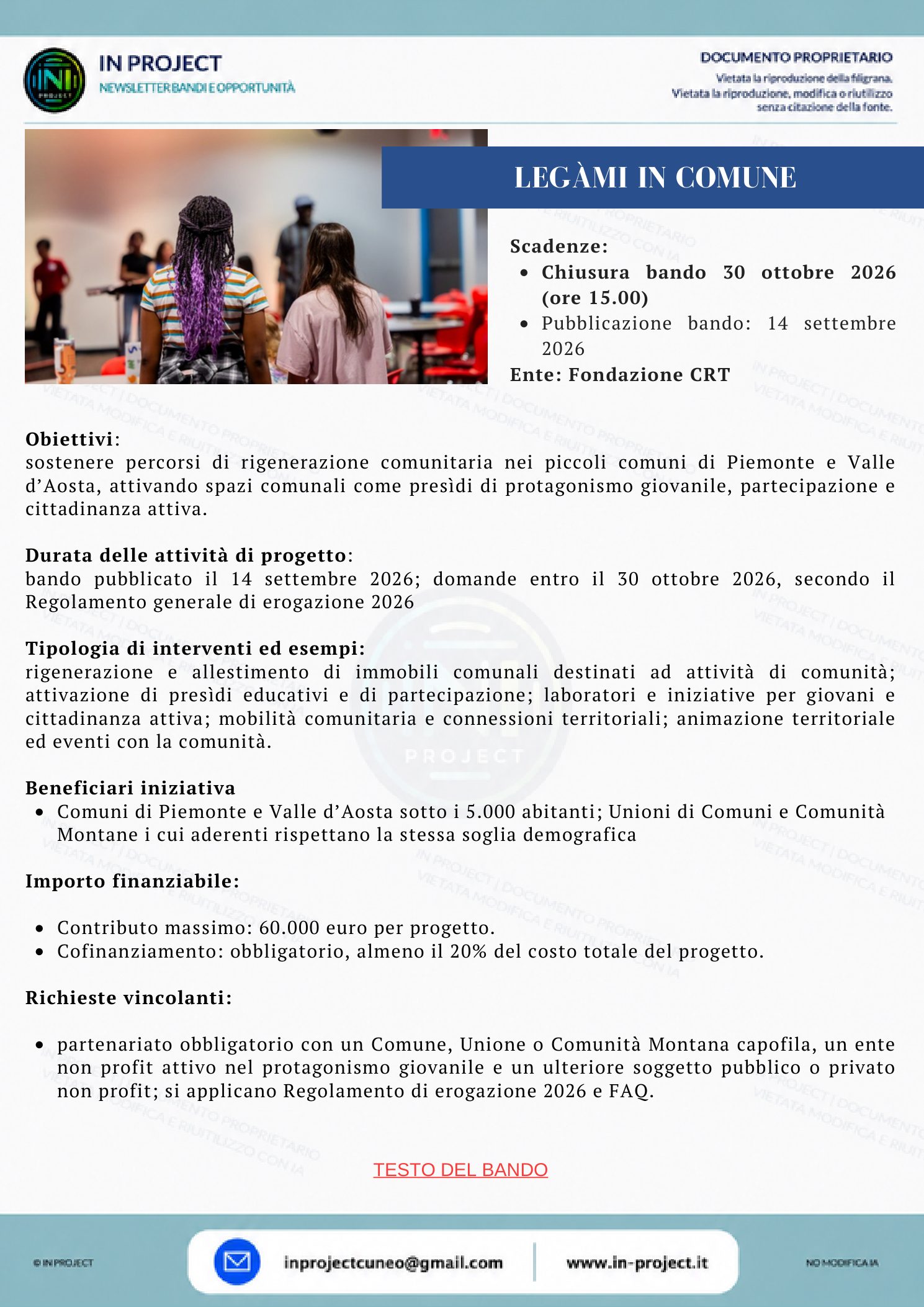 Fondazione CRT — Legàmi in Comune (scadenza bando 30 ottobre 2026)