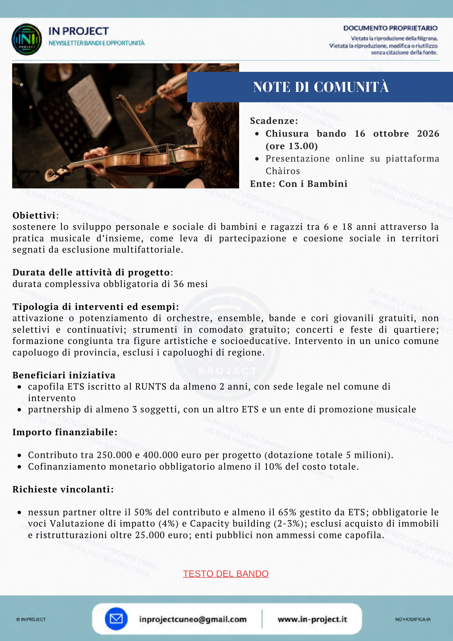 Con i Bambini — Note di Comunità, esperienze musicali di quartiere (scadenza bando 16 ottobre 2026)