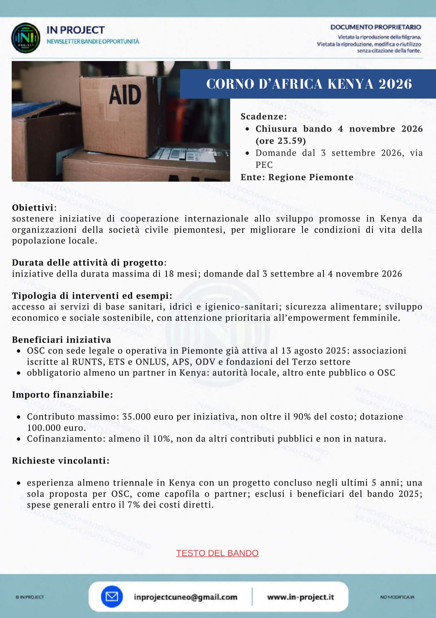 Regione Piemonte — Corno d'Africa, cooperazione in Kenya 2026 (scadenza bando 4 novembre 2026)