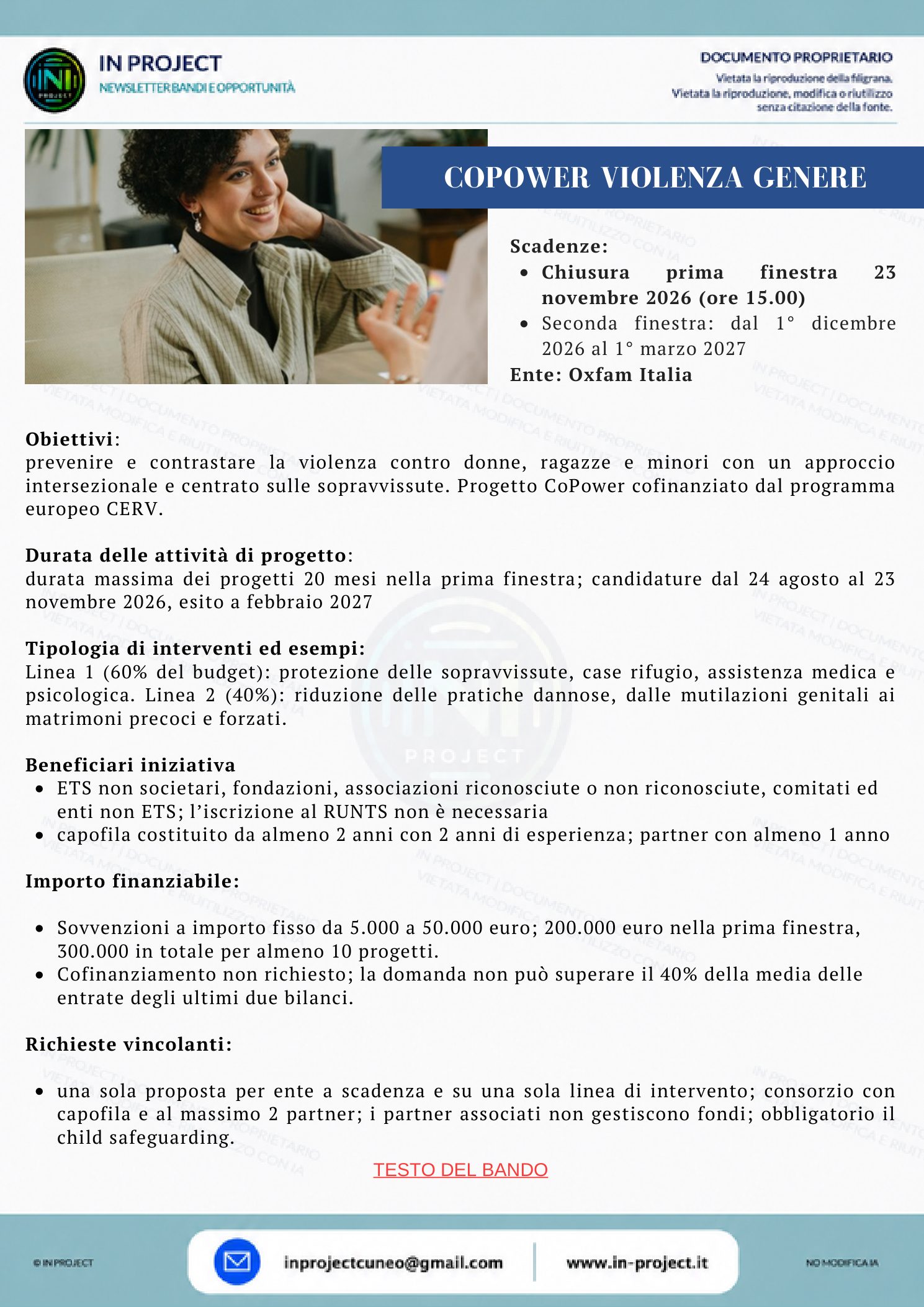 Oxfam Italia — CoPower, contrasto alla violenza di genere (prima scadenza bando 23 novembre 2026)