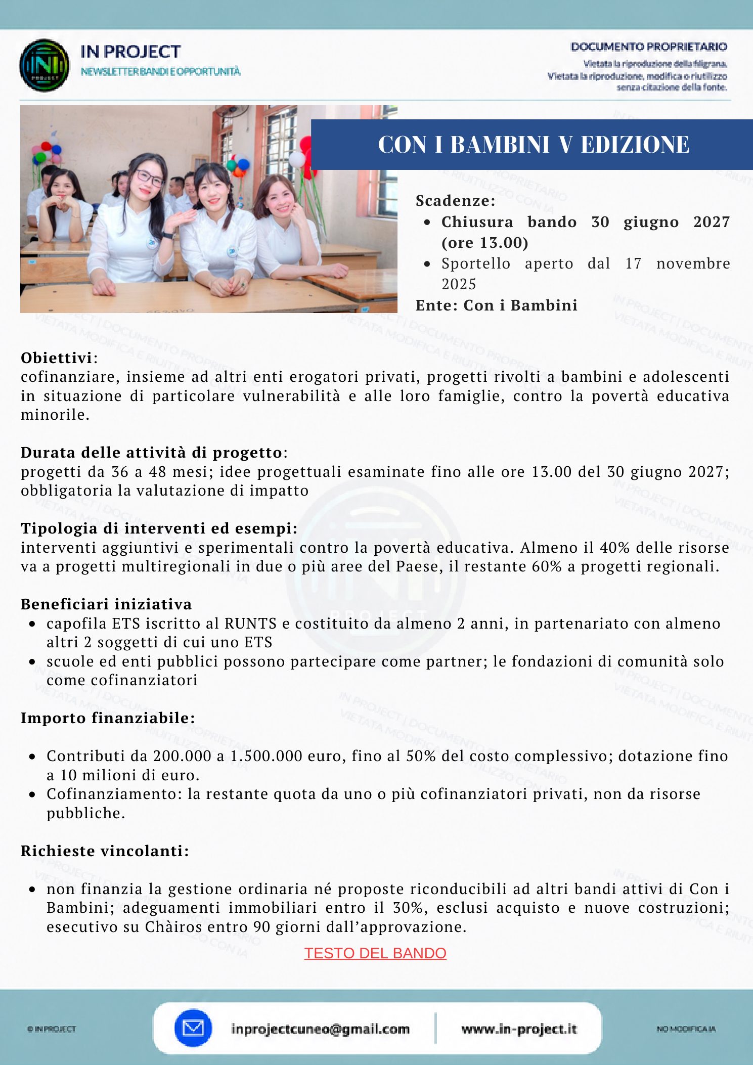 Con i Bambini — Iniziative in cofinanziamento, quinta edizione (scadenza bando 30 giugno 2027)