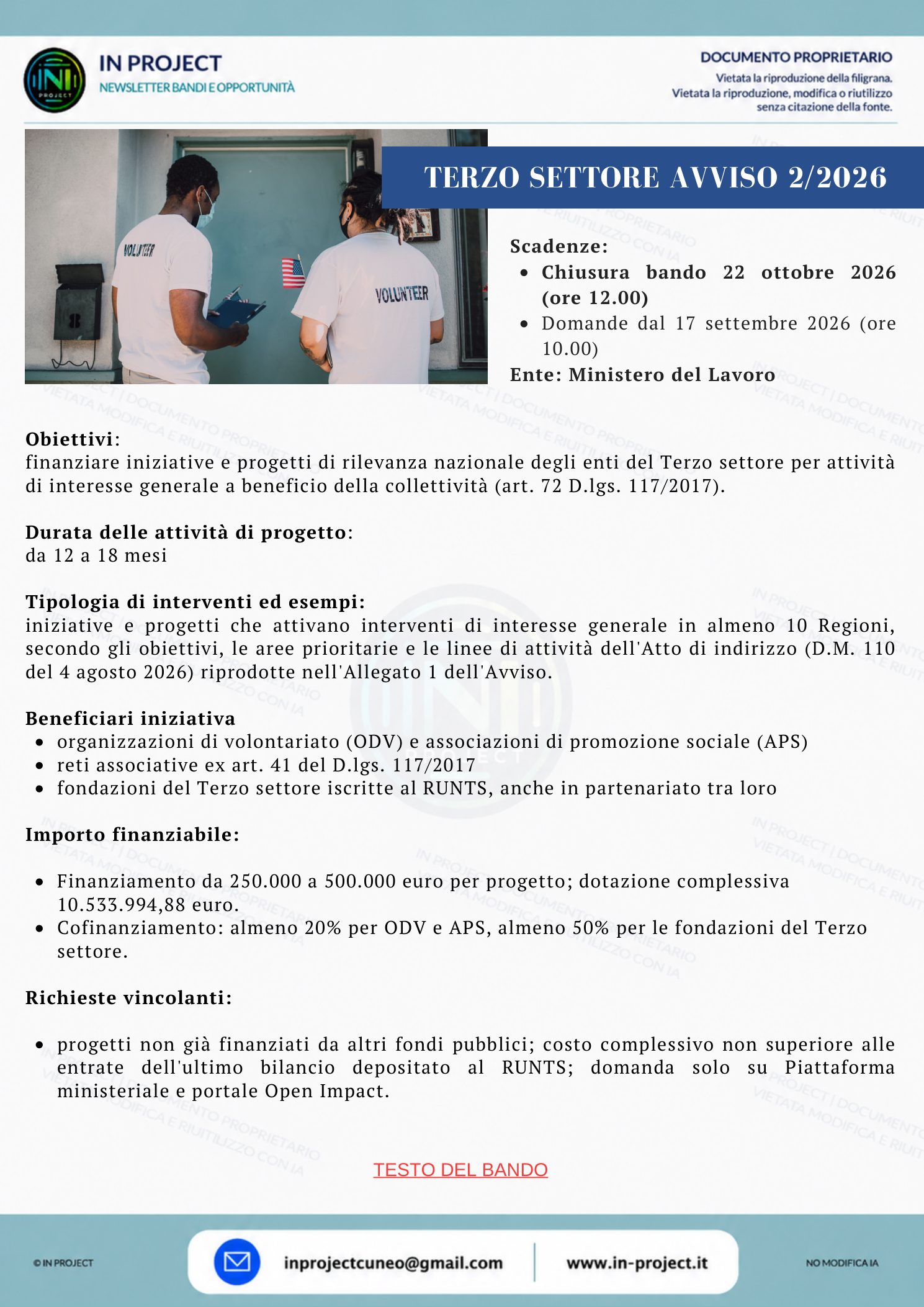 Ministero del Lavoro — Terzo settore, Avviso 2/2026 progetti di rilevanza nazionale (scadenza bando 22 ottobre 2026)