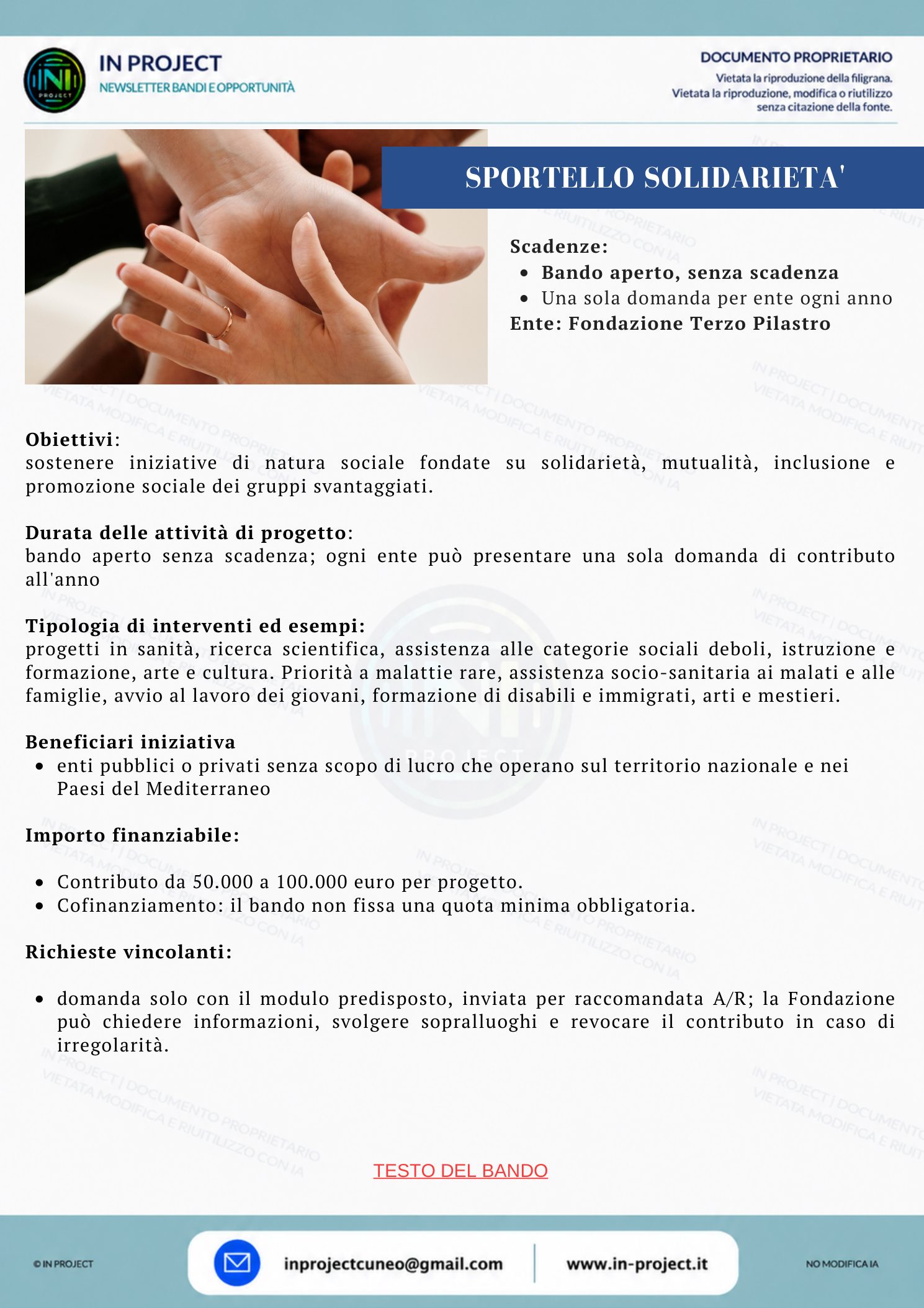 Fondazione Terzo Pilastro — Sportello Solidarietà, progetti sociali e sanitari (bando a sportello senza scadenza)