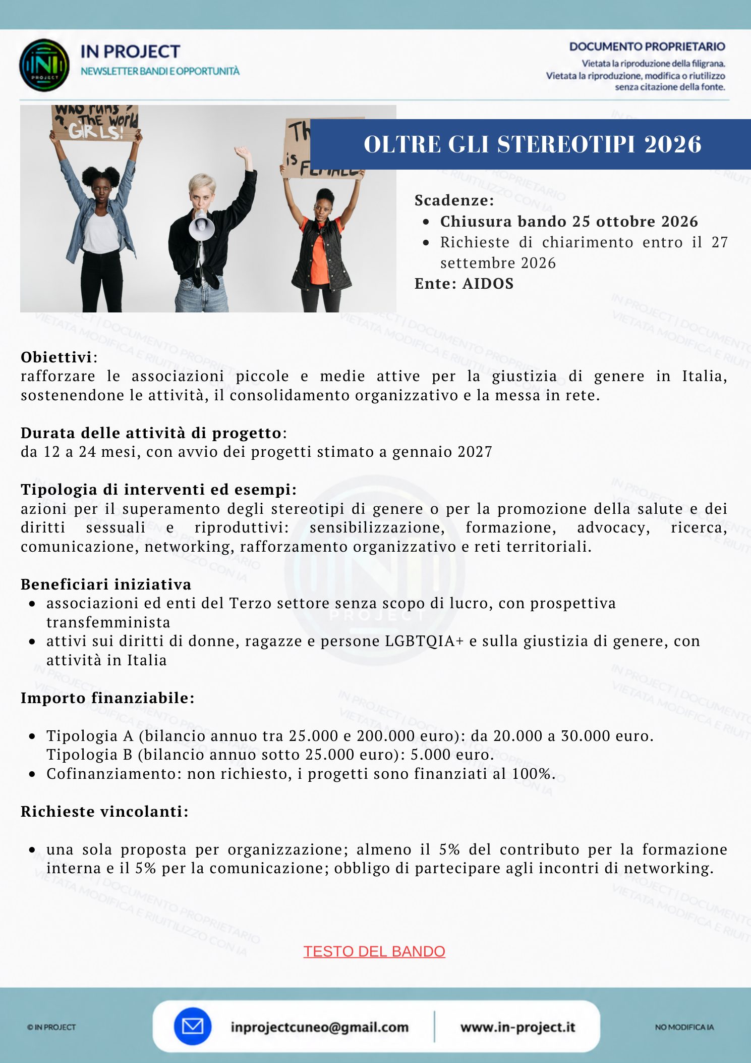 AIDOS — Oltre gli stereotipi 2026, giustizia di genere (scadenza bando 25 ottobre 2026)