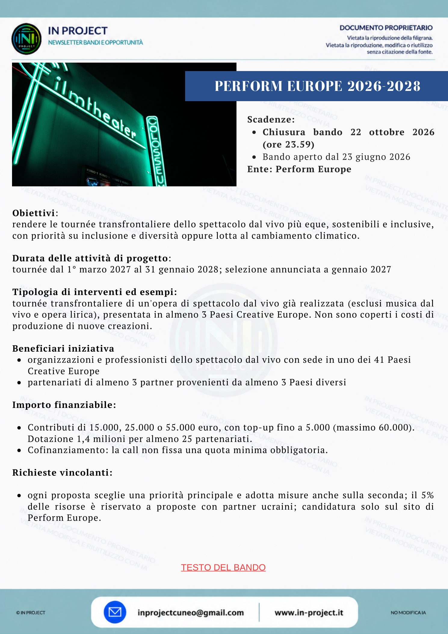 Perform Europe — Tournée transfrontaliere dello spettacolo dal vivo 2026-2028 (scadenza bando 22 ottobre 2026)