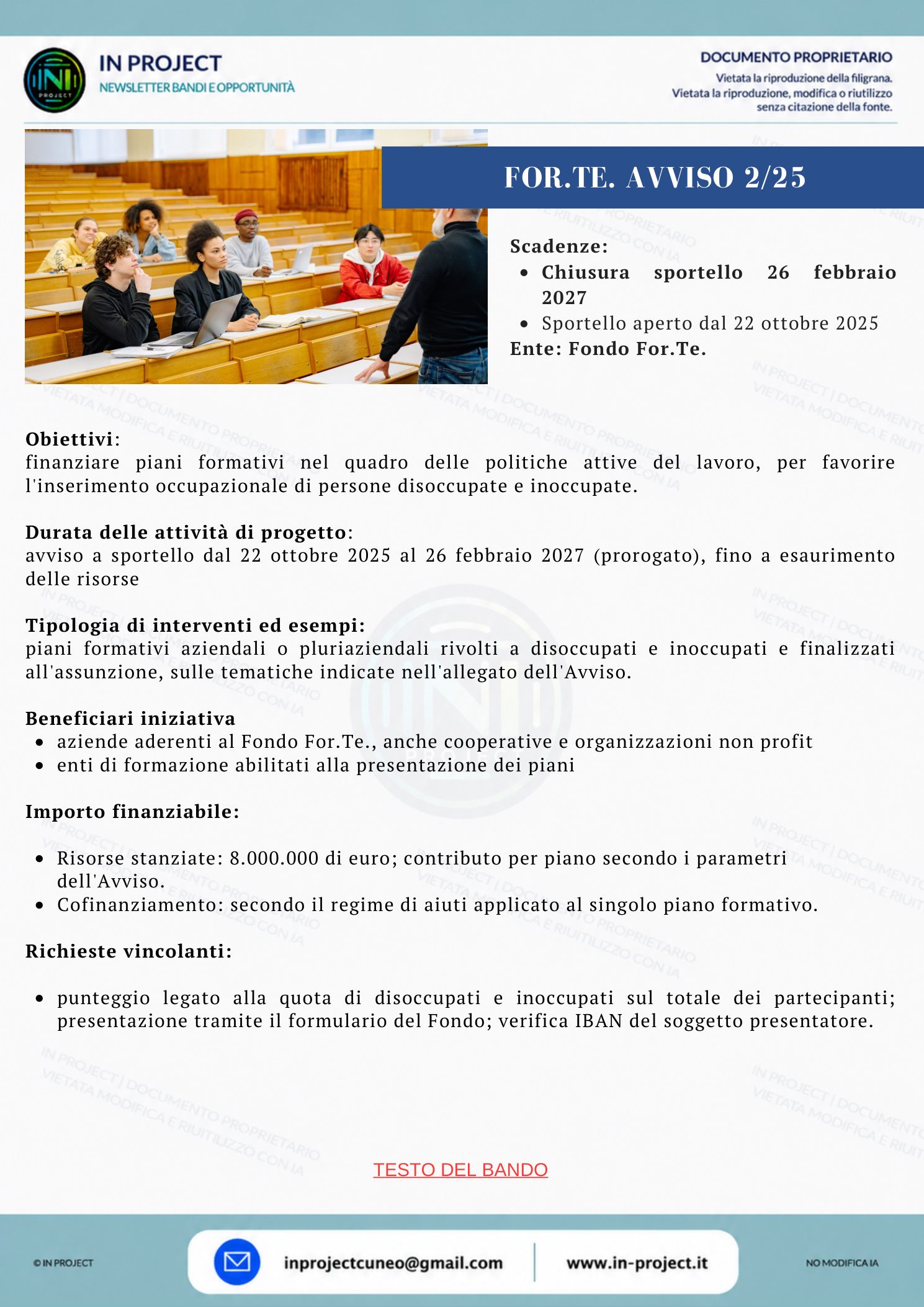 Fondo For.Te. — Avviso 2/25, formazione per disoccupati e inoccupati (scadenza bando 26 febbraio 2027)