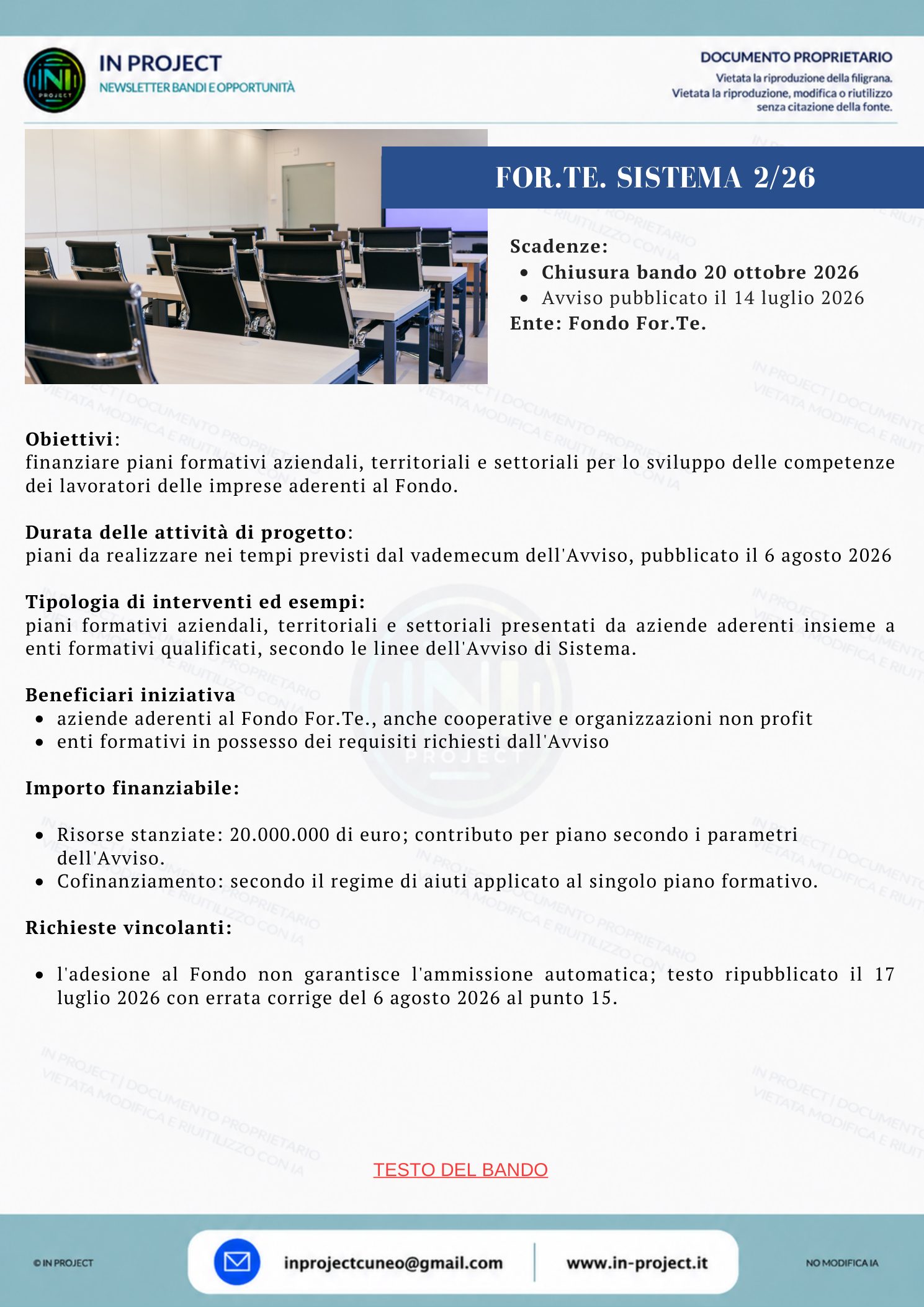 Fondo For.Te. — Avviso di Sistema 2/26, piani formativi aziendali e territoriali (scadenza bando 20 ottobre 2026)
