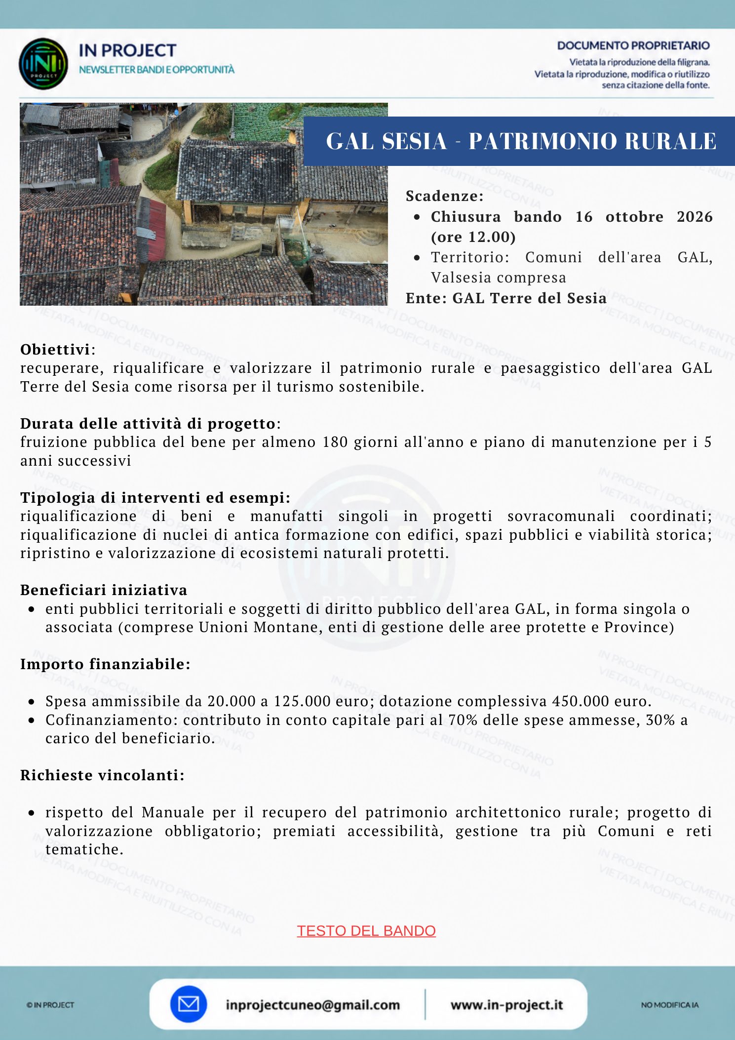 GAL Terre del Sesia — Recupero del patrimonio rurale e paesaggistico (scadenza bando 16 ottobre 2026)