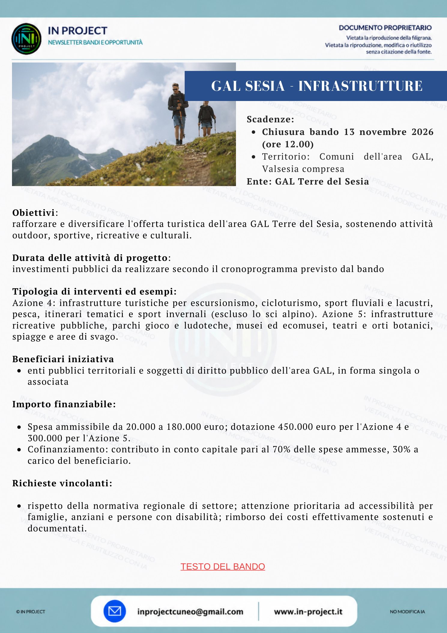 GAL Terre del Sesia — Infrastrutture turistiche e ricreative (scadenza bando 13 novembre 2026)