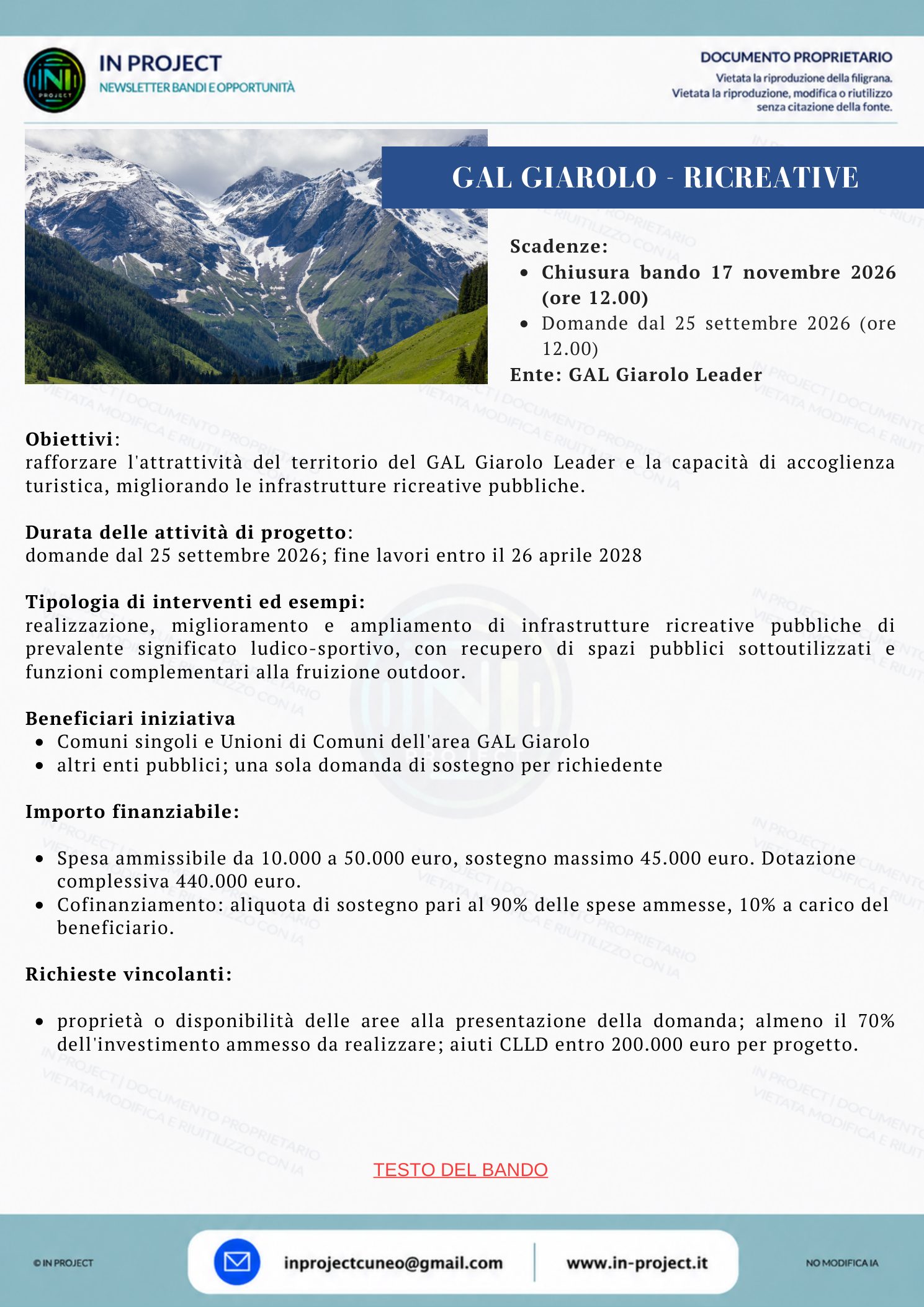 GAL Giarolo Leader — Infrastrutture ricreative pubbliche, bando 4/2026 (scadenza bando 17 novembre 2026)