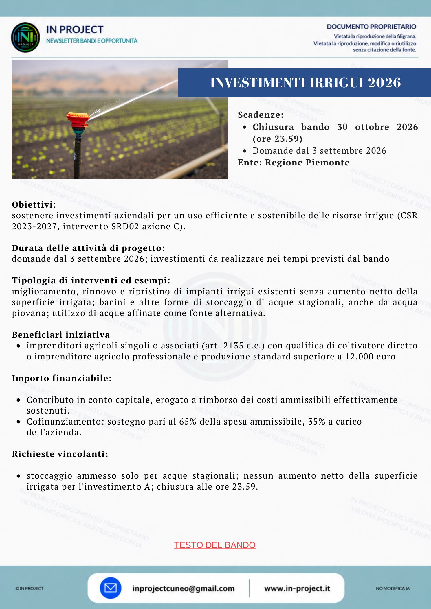 Regione Piemonte — Investimenti irrigui 2026, CSR SRD02 azione C (scadenza bando 30 ottobre 2026)