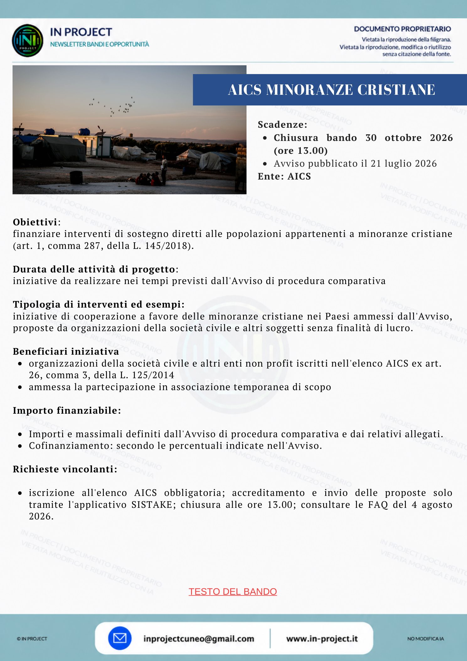 AICS — Interventi a sostegno delle minoranze cristiane (scadenza bando 30 ottobre 2026)