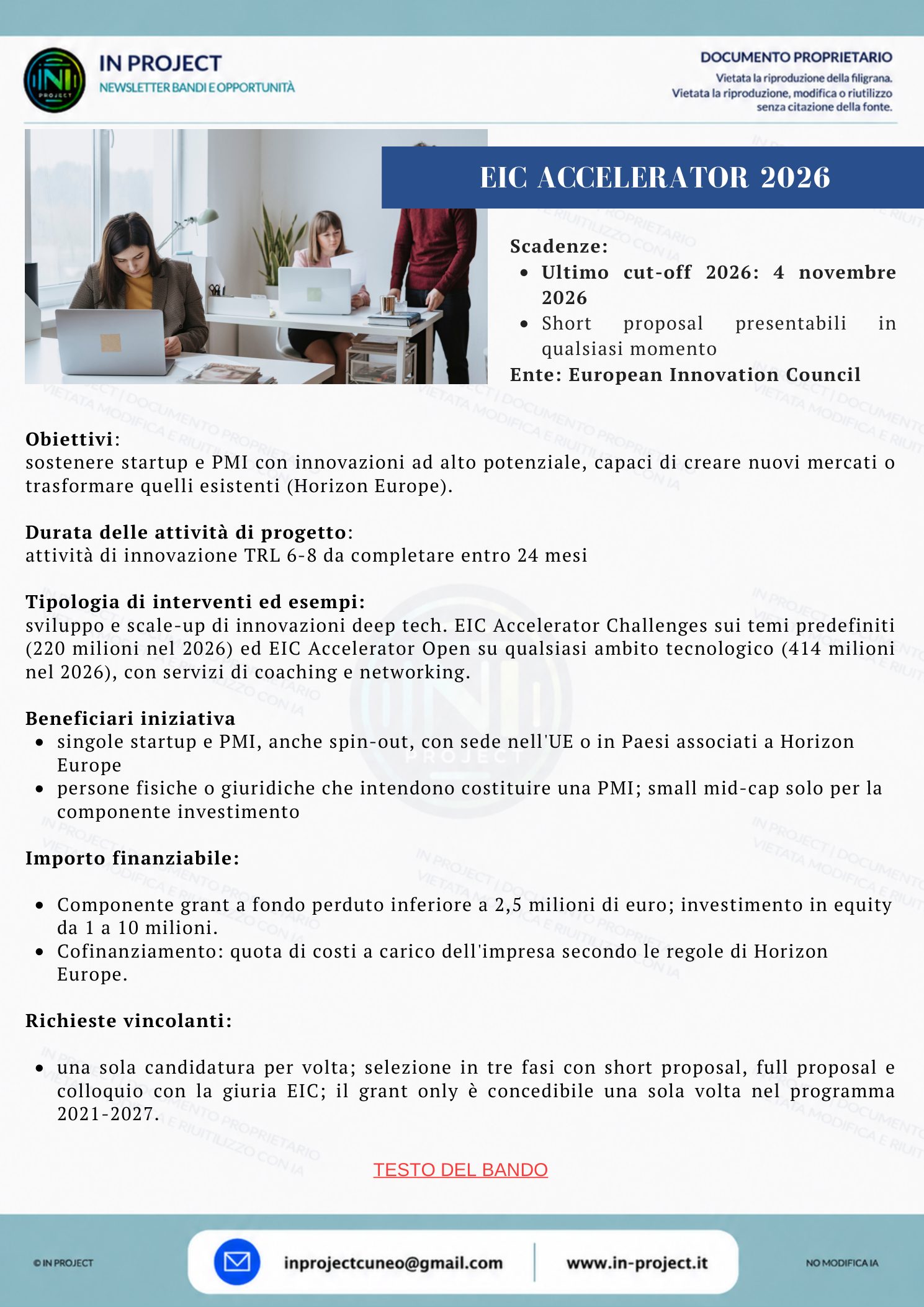 European Innovation Council — EIC Accelerator 2026 per startup e PMI deep tech (scadenza bando 4 novembre 2026)