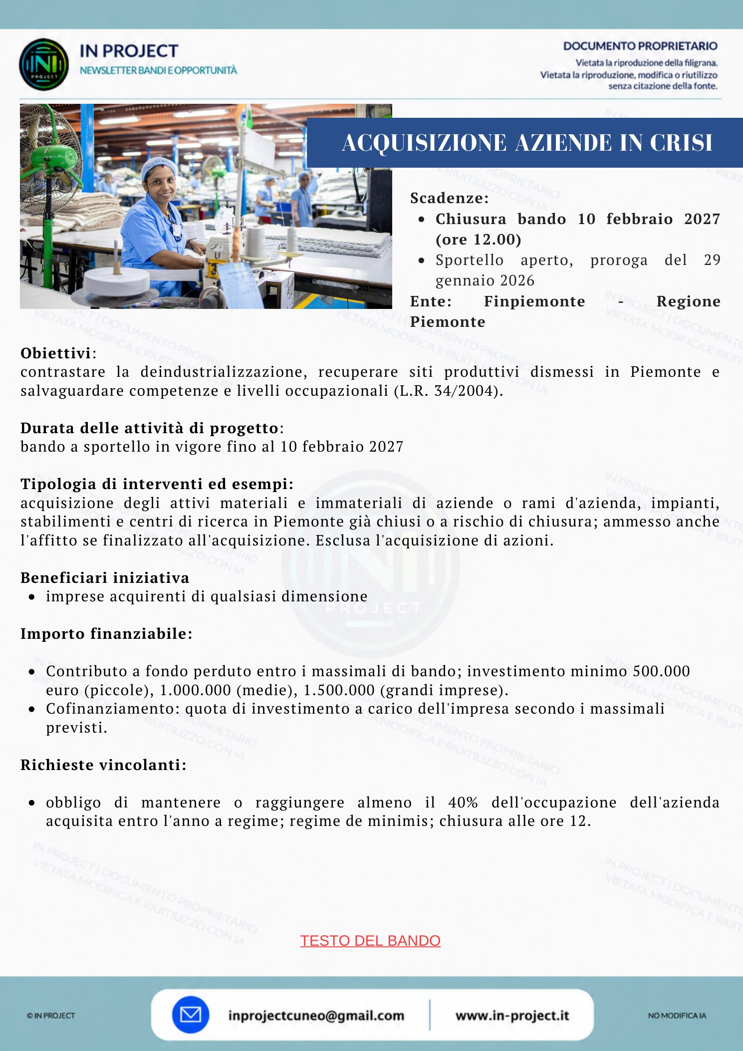 Finpiemonte — Acquisizione di aziende in crisi e siti produttivi dismessi (scadenza bando 10 febbraio 2027)