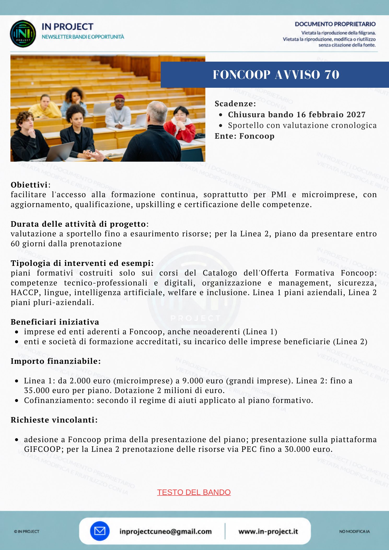 Foncoop — Avviso 70, corsi a catalogo per la formazione continua (scadenza bando 16 febbraio 2027)
