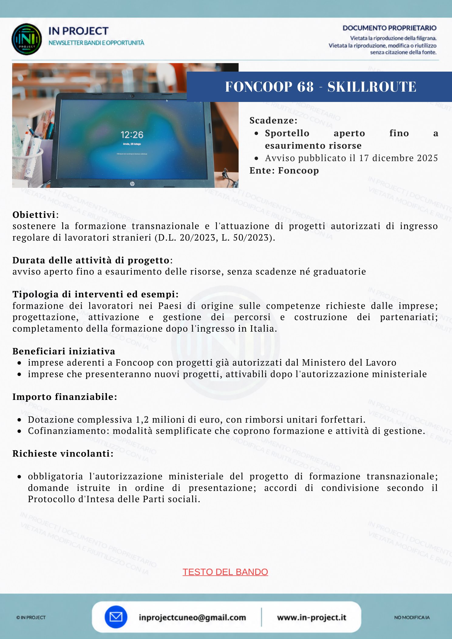 Foncoop — Avviso 68 SkillRoute, formazione transnazionale (bando a sportello senza scadenza)