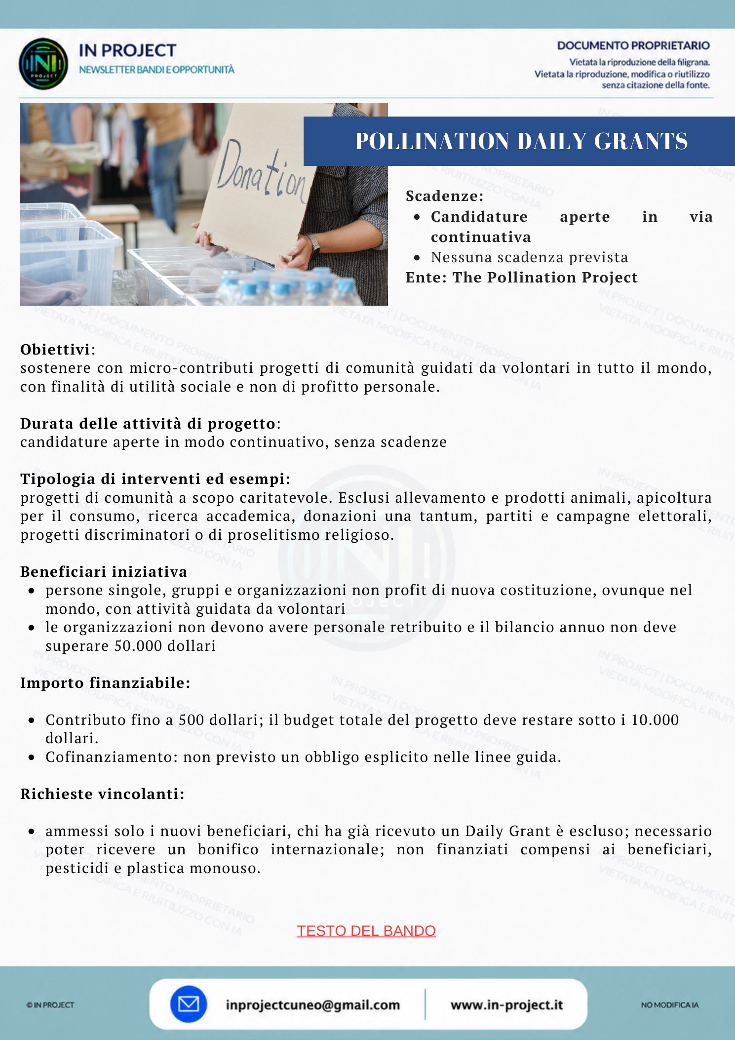 The Pollination Project — Daily Grants, micro-contributi a progetti di comunità (bando a sportello senza scadenza)